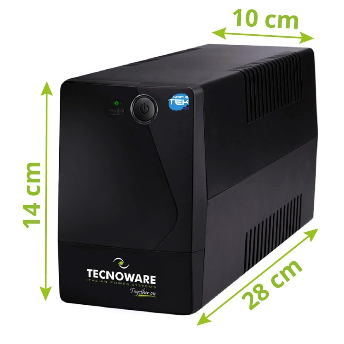 Dispositivo UPS TECNOWARE nero di 14x10x28 cm. Una luce verde è accesa.
