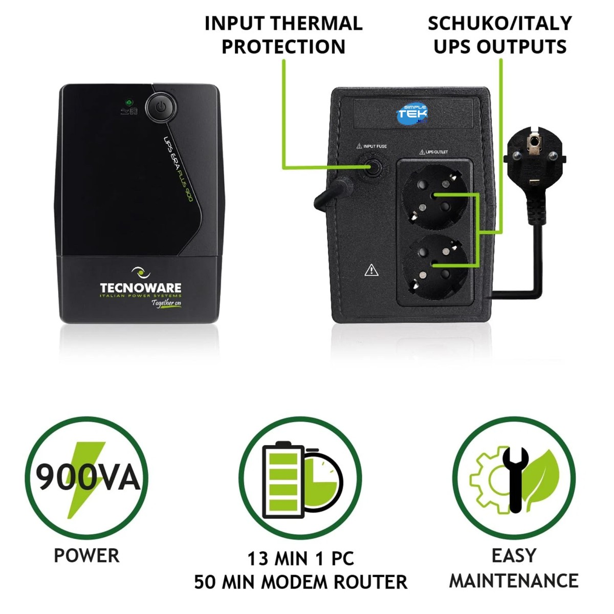 UPS Tecnoware nero con dettagli di potenza e uscita. Icone mostrano 900VA, 13 min/1 PC e manutenzione facile.