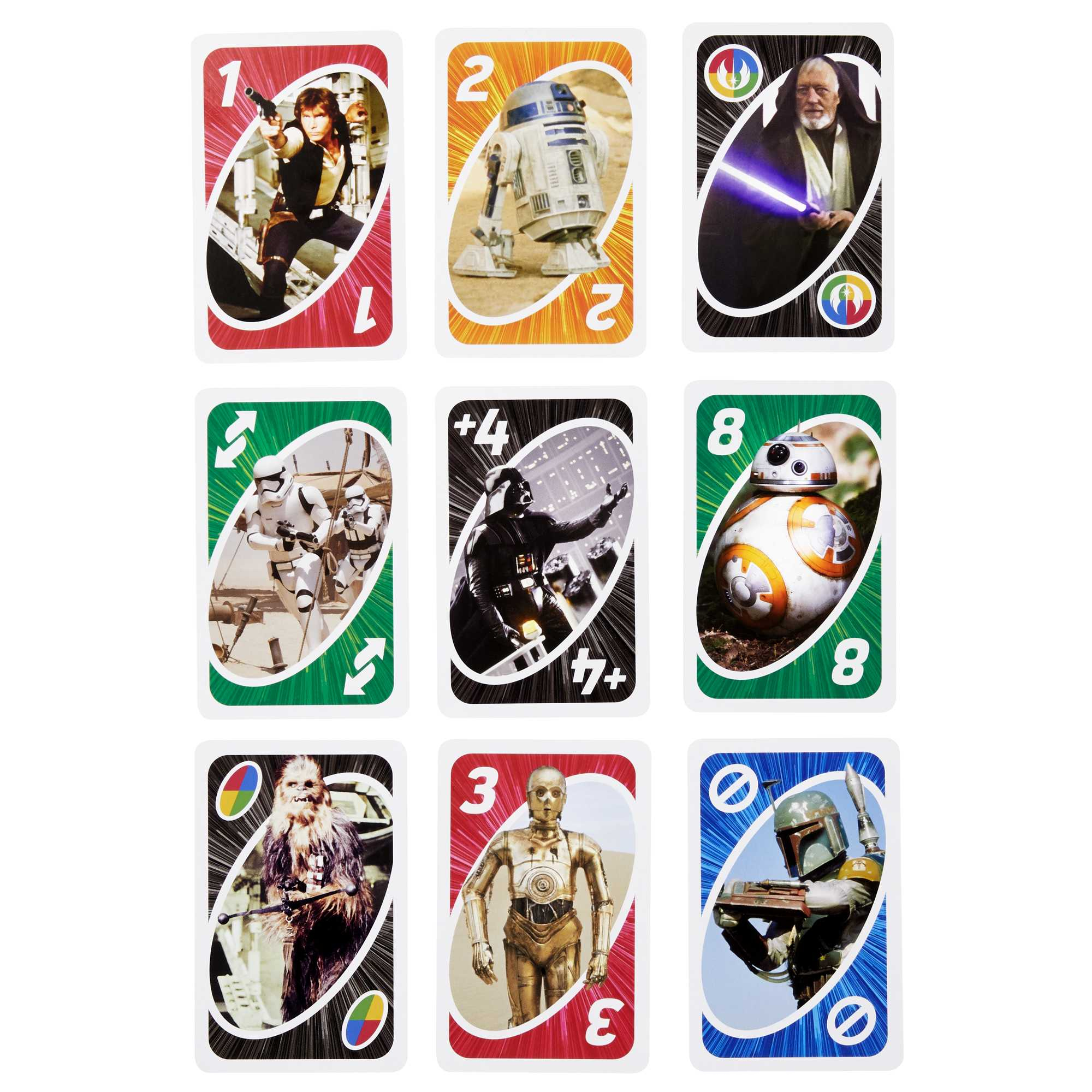 Nove carte Uno di Star Wars: Han Solo, R2-D2, Obi-Wan, Stormtrooper, Darth Vader, BB-8, Chewbacca, C-3PO, Boba Fett.