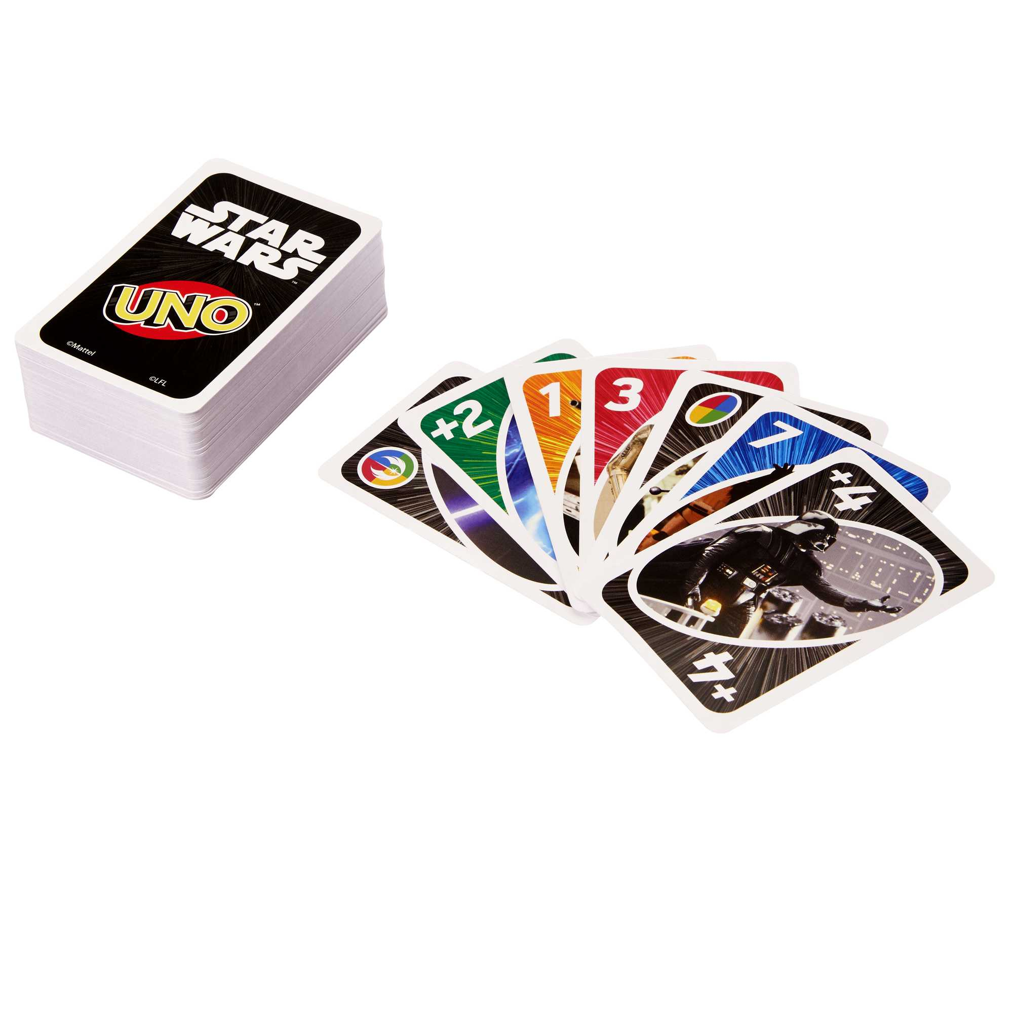 Una pila di carte Uno di Star Wars è a sinistra, con alcune carte scoperte che mostrano numeri e simboli a destra.