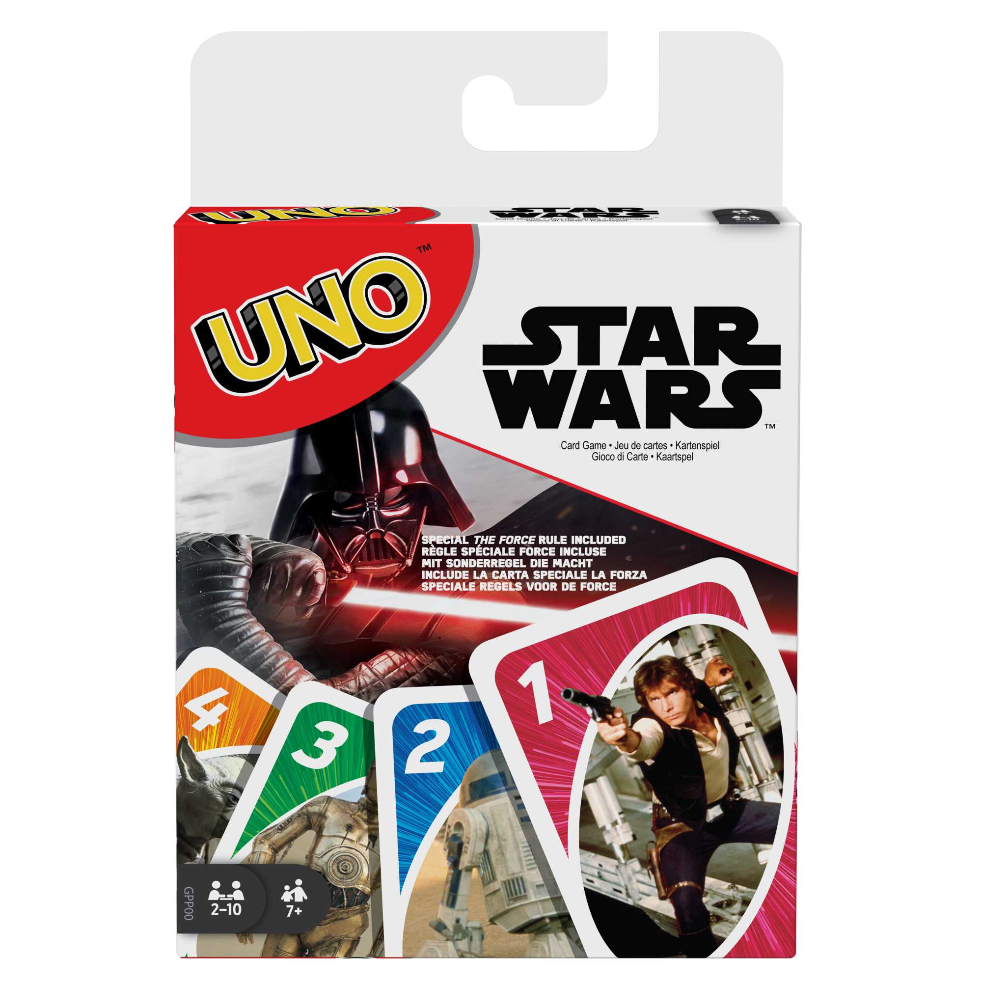 Scatola del gioco di carte UNO Star Wars con Darth Vader, Han Solo, R2-D2, C-3PO e Yoda.