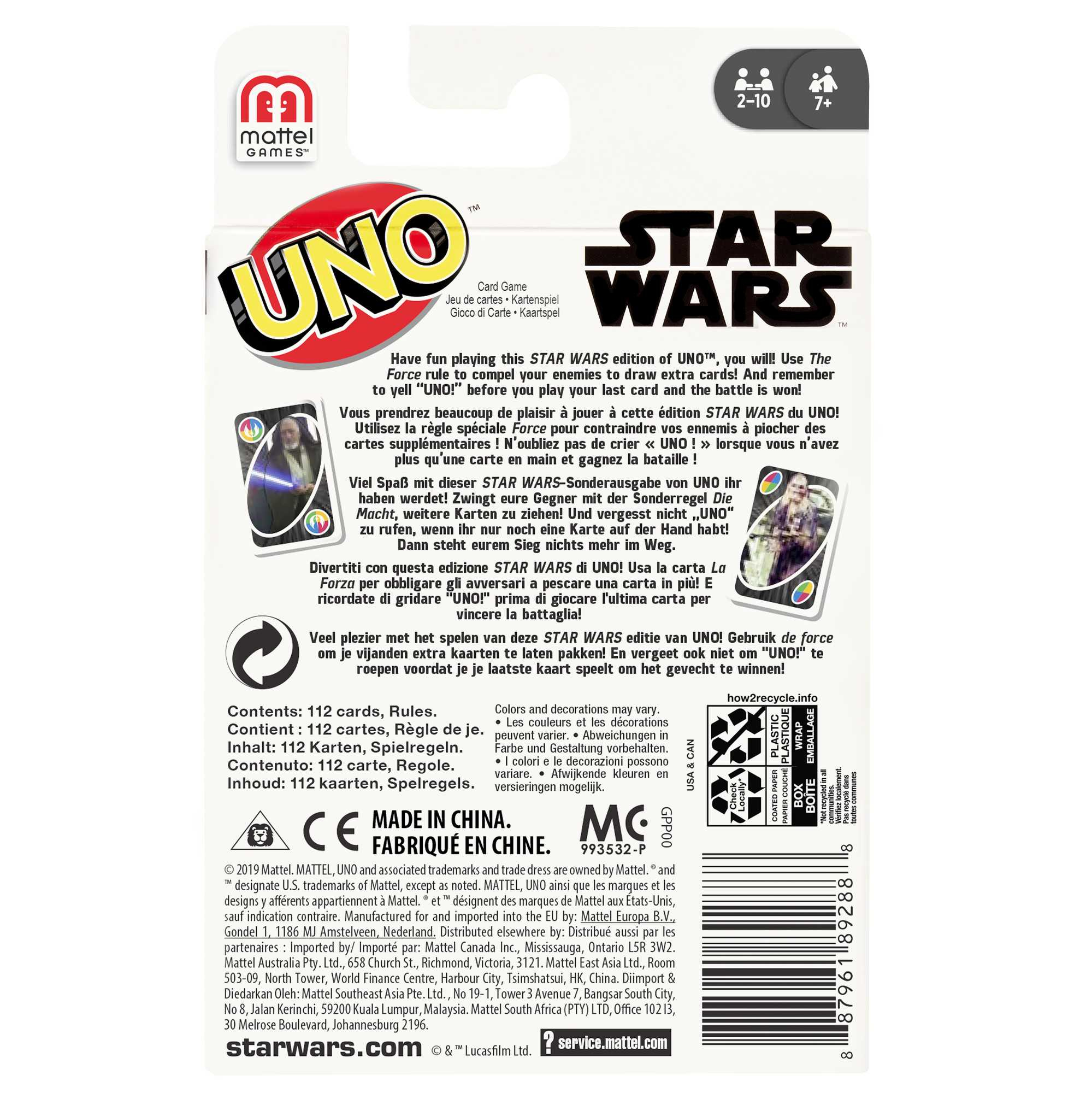 Confezione gioco carte UNO Star Wars con logo Mattel, numero giocatori e info.