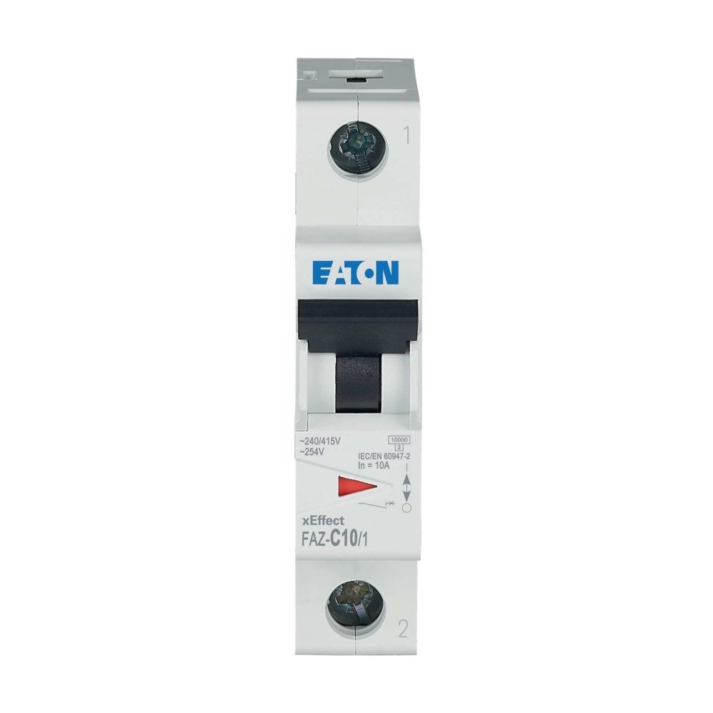 Interruttore Eaton bianco con interruttore nero e dettagli testuali. Etichetta FAZ-C10/1.