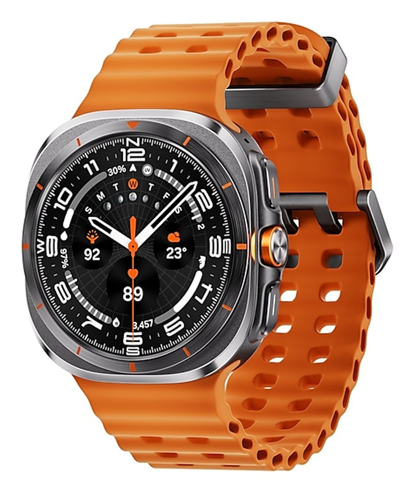 Smartwatch arancione con display digitale che mostra ora, meteo e dati fitness.