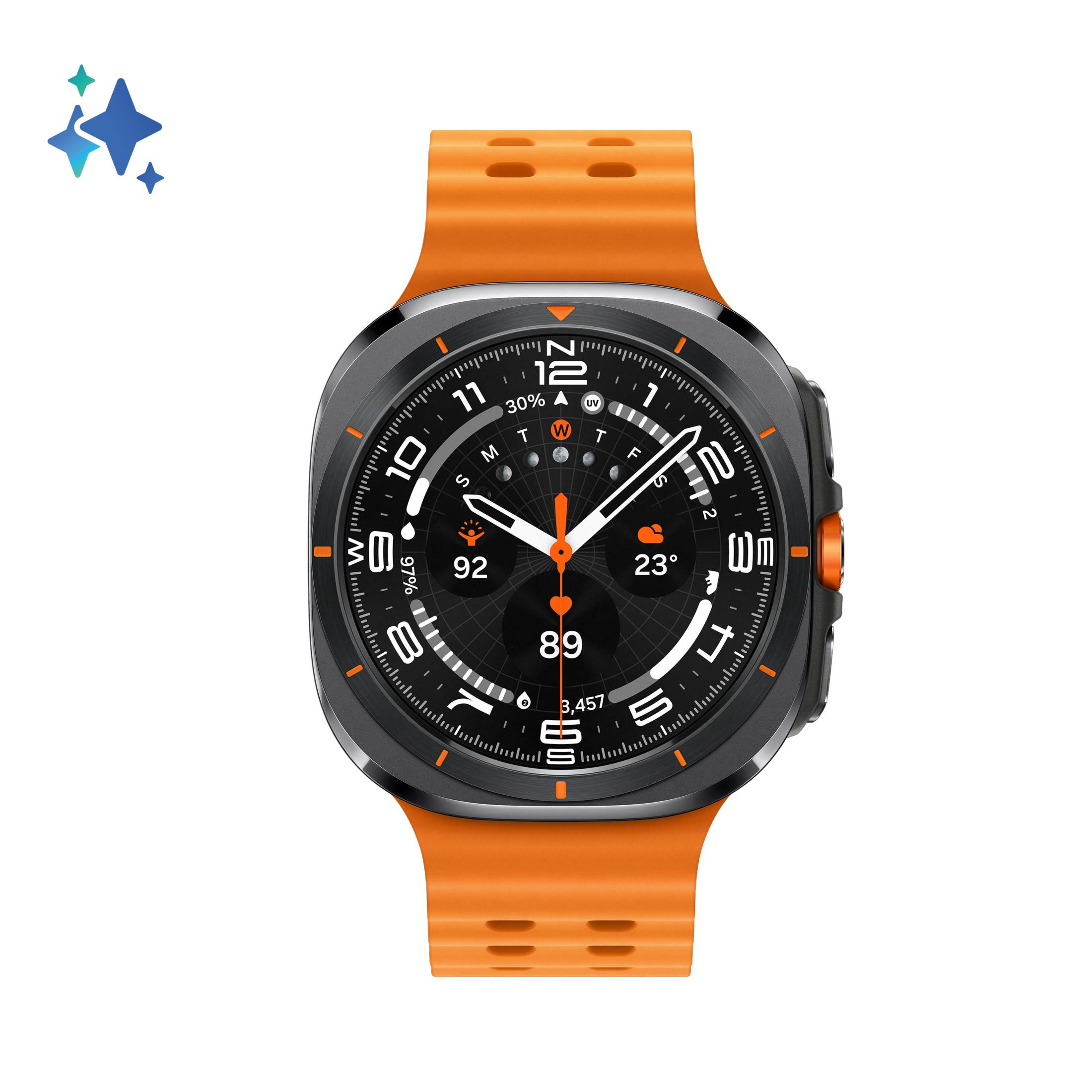 Uno smartwatch con cinturino arancione e quadrante nero mostra ora, data e icone meteo.