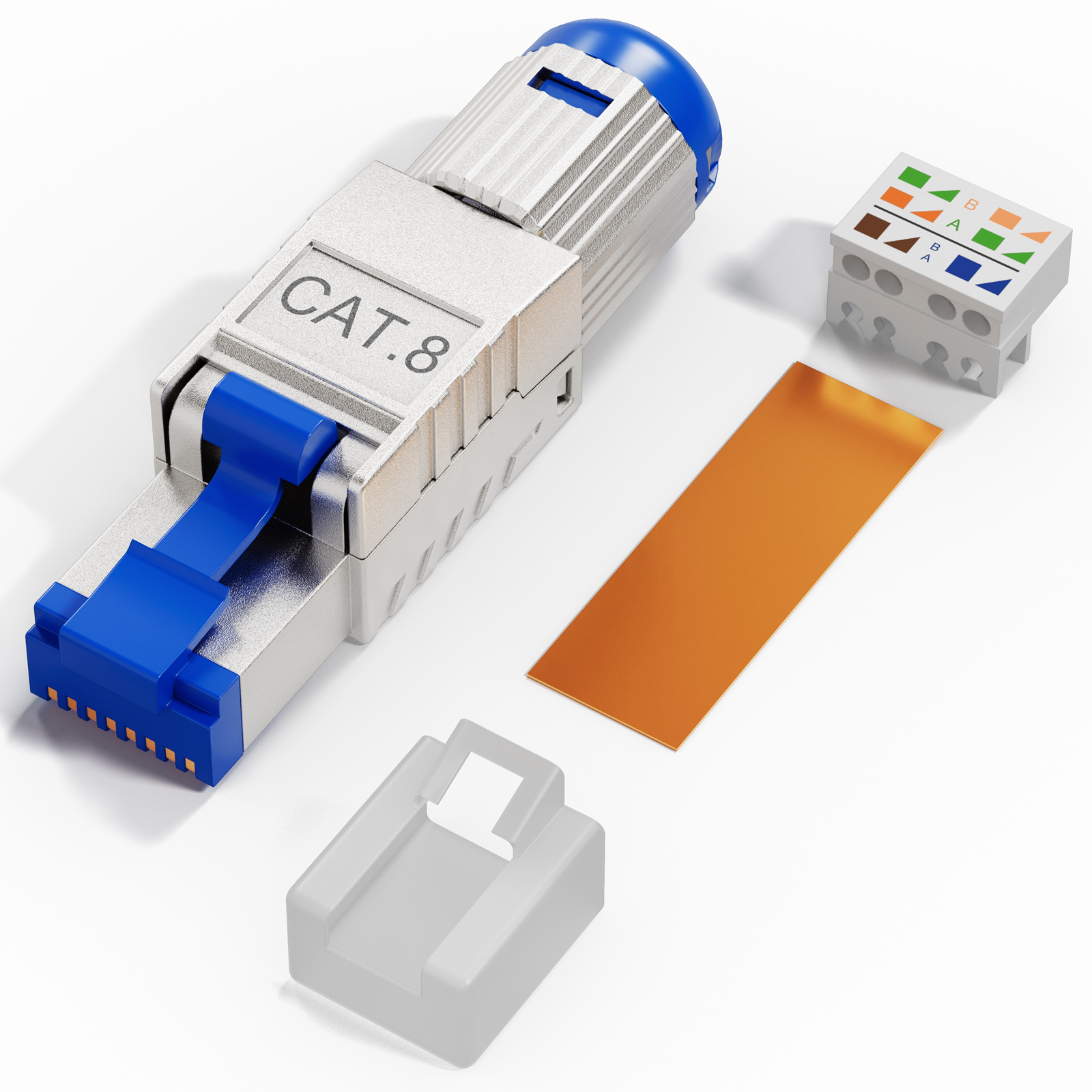 CAT.8 Ethernet-Steckverbinderteile: Stecker, Kabel, Kappe und Anschlussblock.