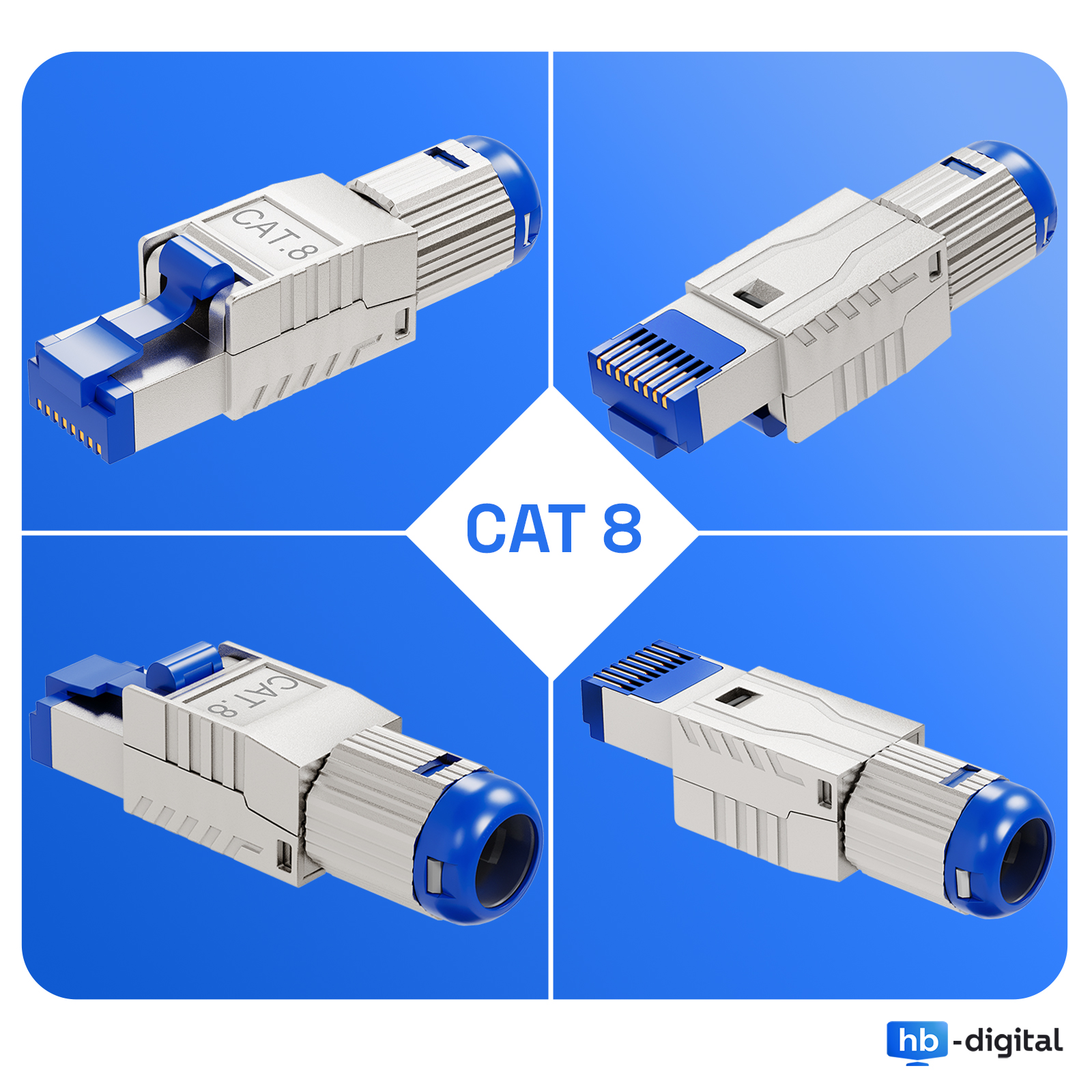 CAT 8 Netzwerkstecker mit blauem und silbernem Gehäuse, Nahaufnahme.