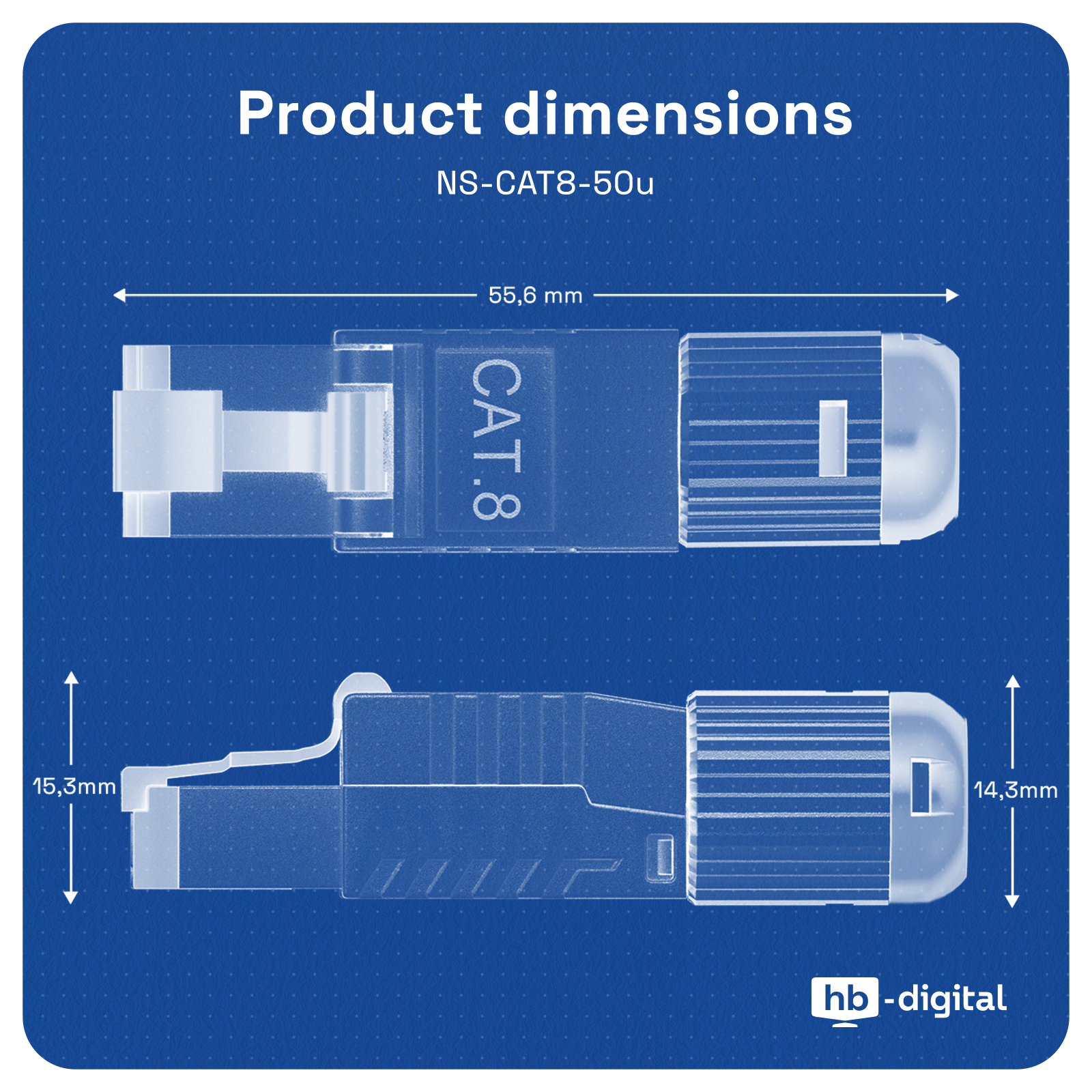 Technische Zeichnung eines CAT 8 Netzwerkkabels mit Maßen 55,6 mm Länge und 15,3/14,3 mm Breite.