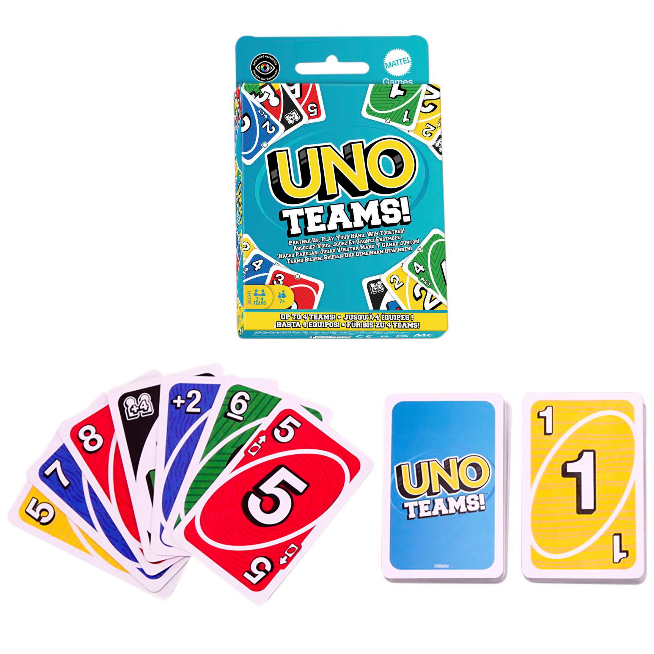 Caja del juego de cartas UNO Teams con cartas esparcidas en rojo, azul, amarillo y verde.