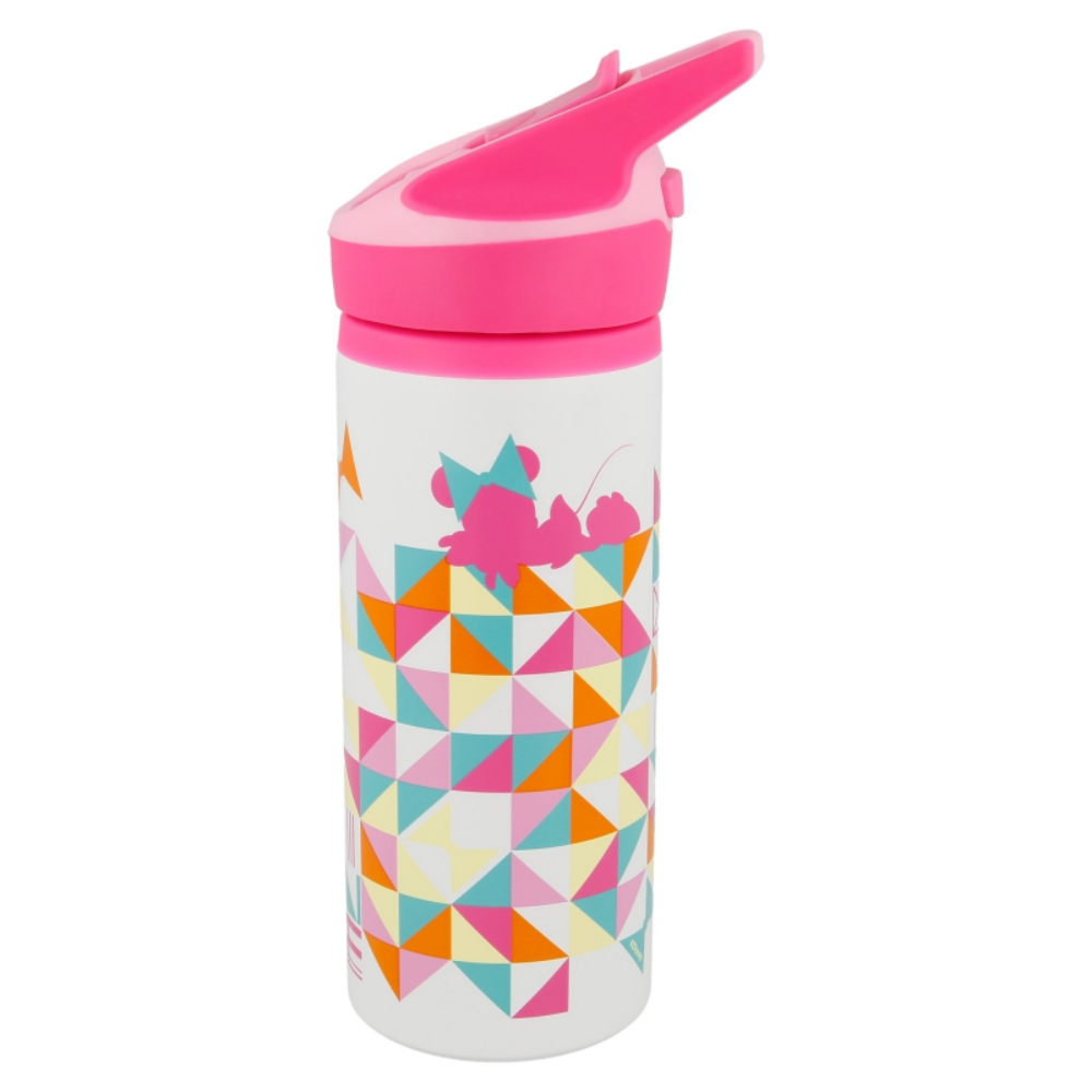 Una borraccia rosa e bianca con motivo geometrico e grafica di Minnie Mouse.