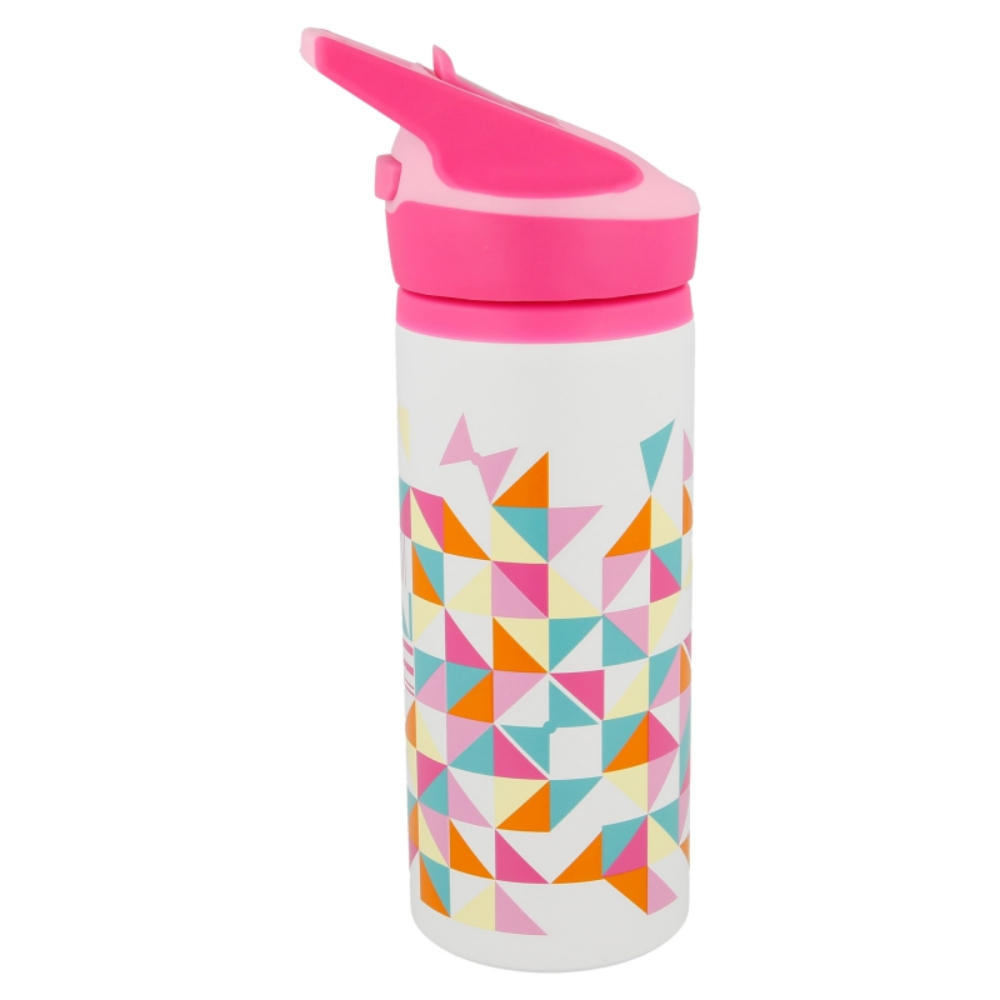 Borraccia bianca con tappo rosa e motivo geometrico a triangoli rosa, arancione e turchese.