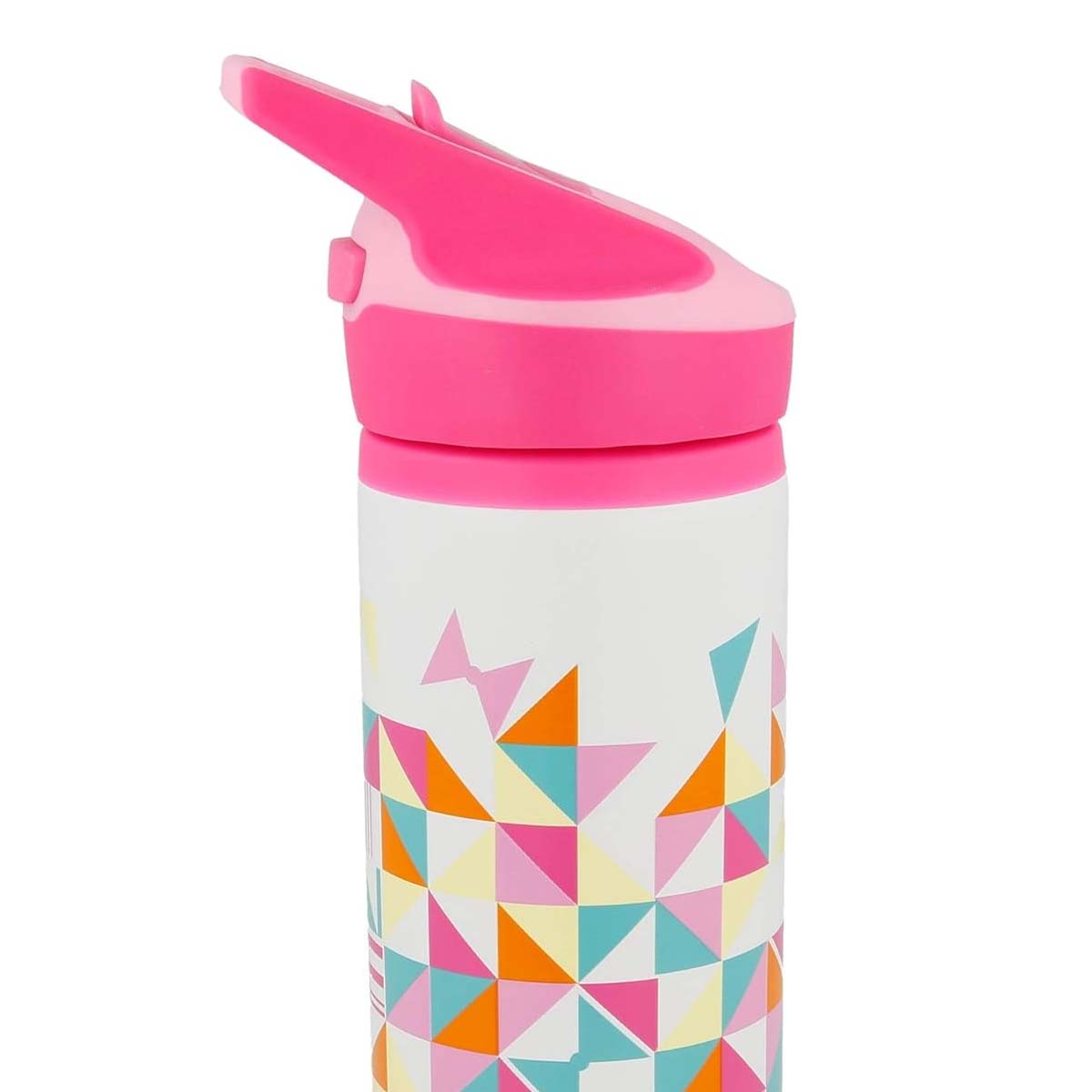 Una borraccia bianca con tappo rosa e fantasia geometrica colorata.