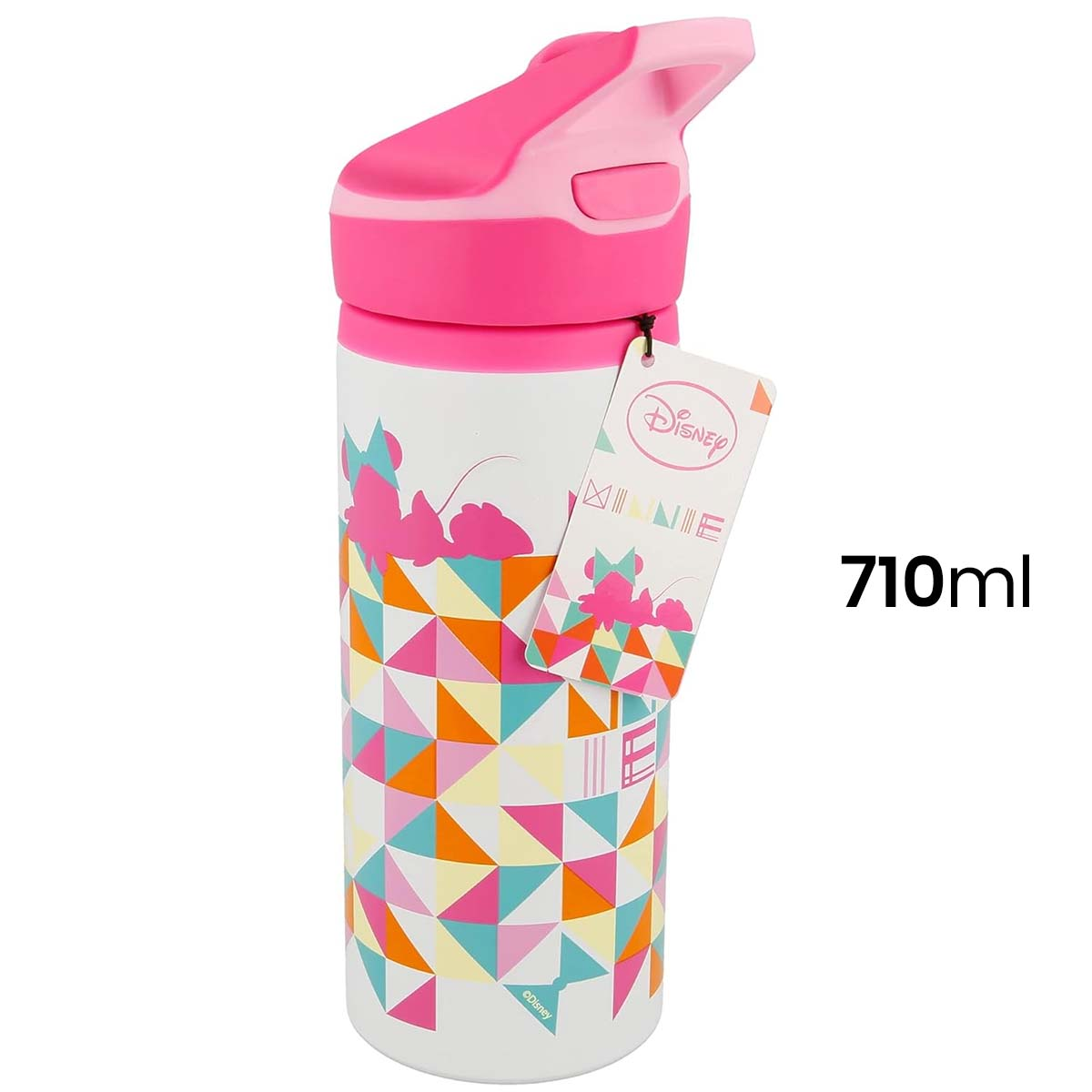 Una borraccia rosa e bianca Disney Minnie Mouse con motivo geometrico colorato e capacità di 710 ml.