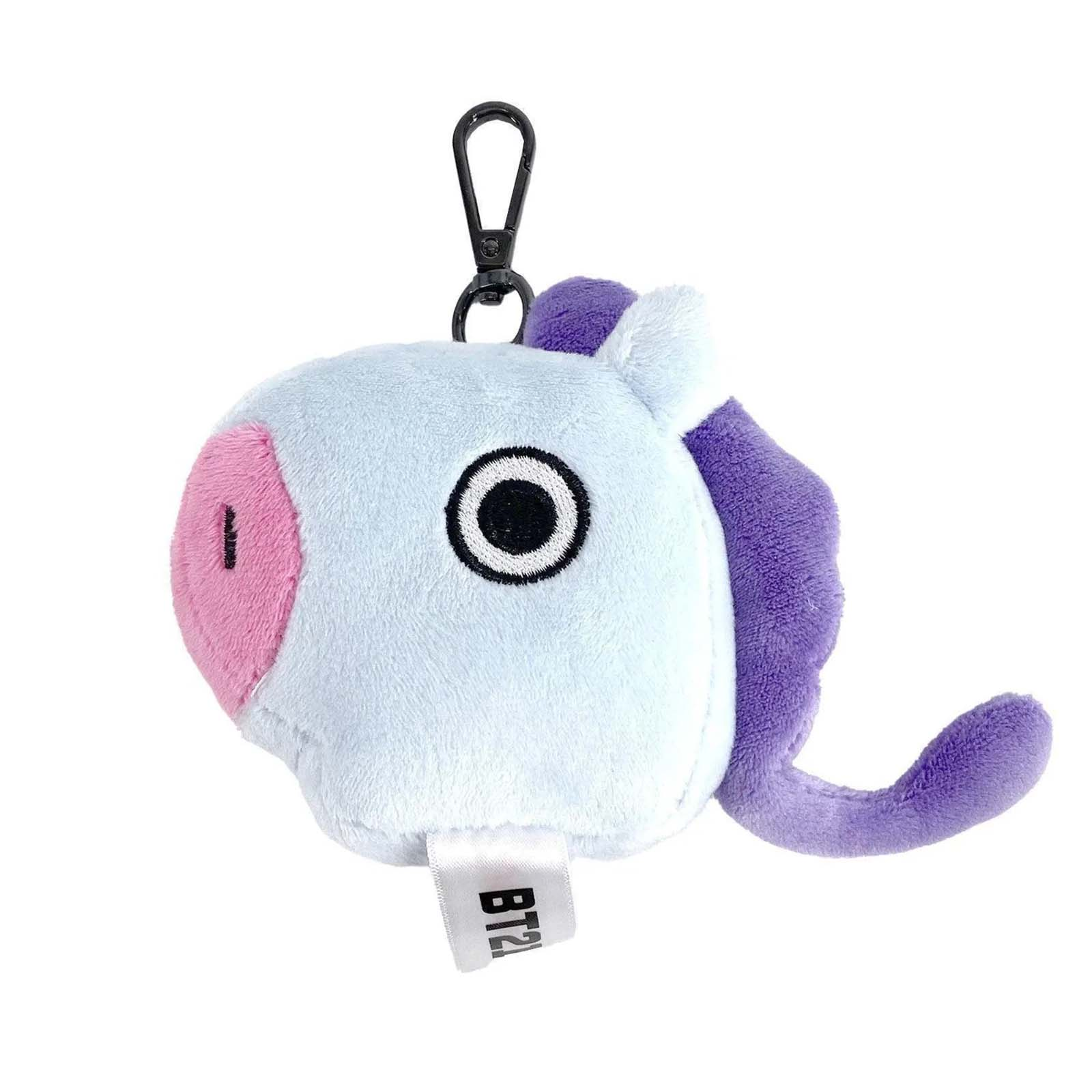 Un portachiavi di peluche azzurro con muso rosa e coda viola.