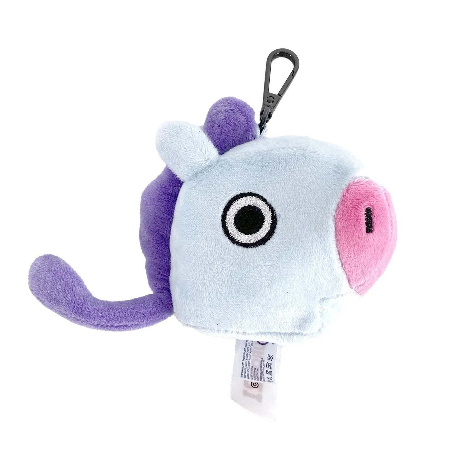 Un portachiavi di peluche azzurro con criniera e coda viola, dettaglio naso rosa.