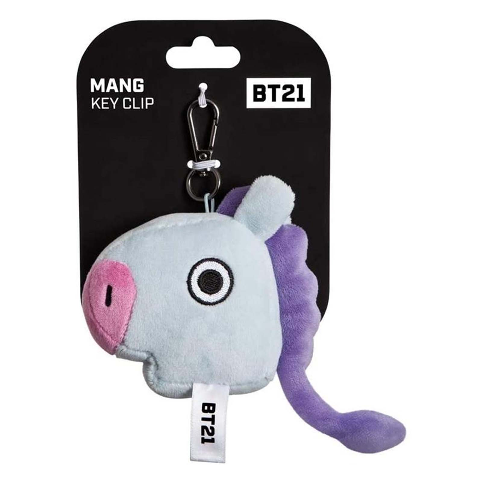 Portachiavi peluche BT21 MANG su confezione nera con clip argentata.