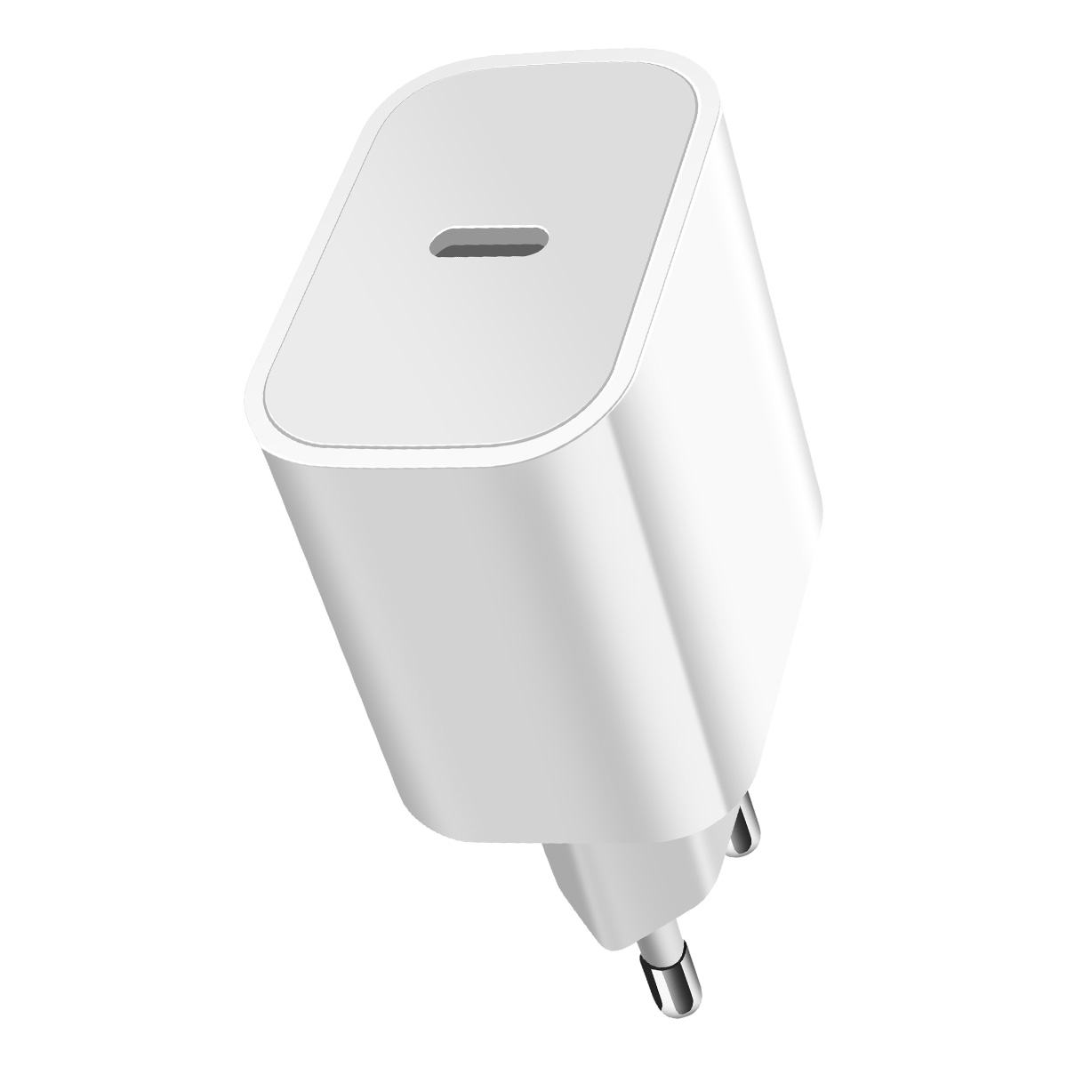 Adattatore di corrente USB-C bianco con spina europea. Design compatto.