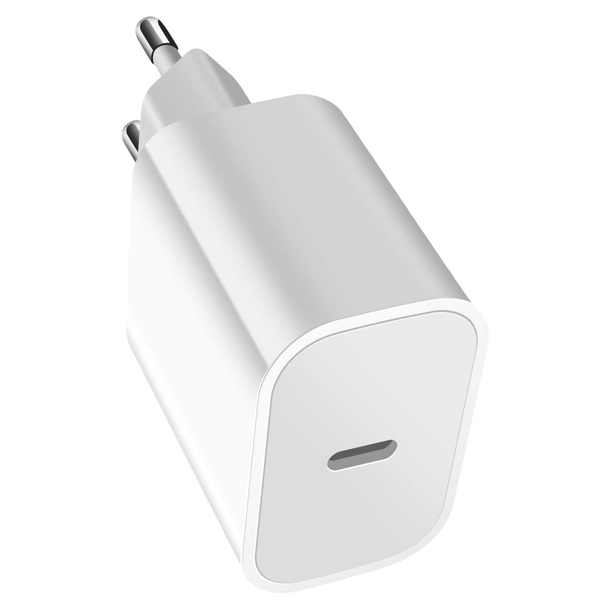 Un alimentatore USB-C bianco con spinotti europei.