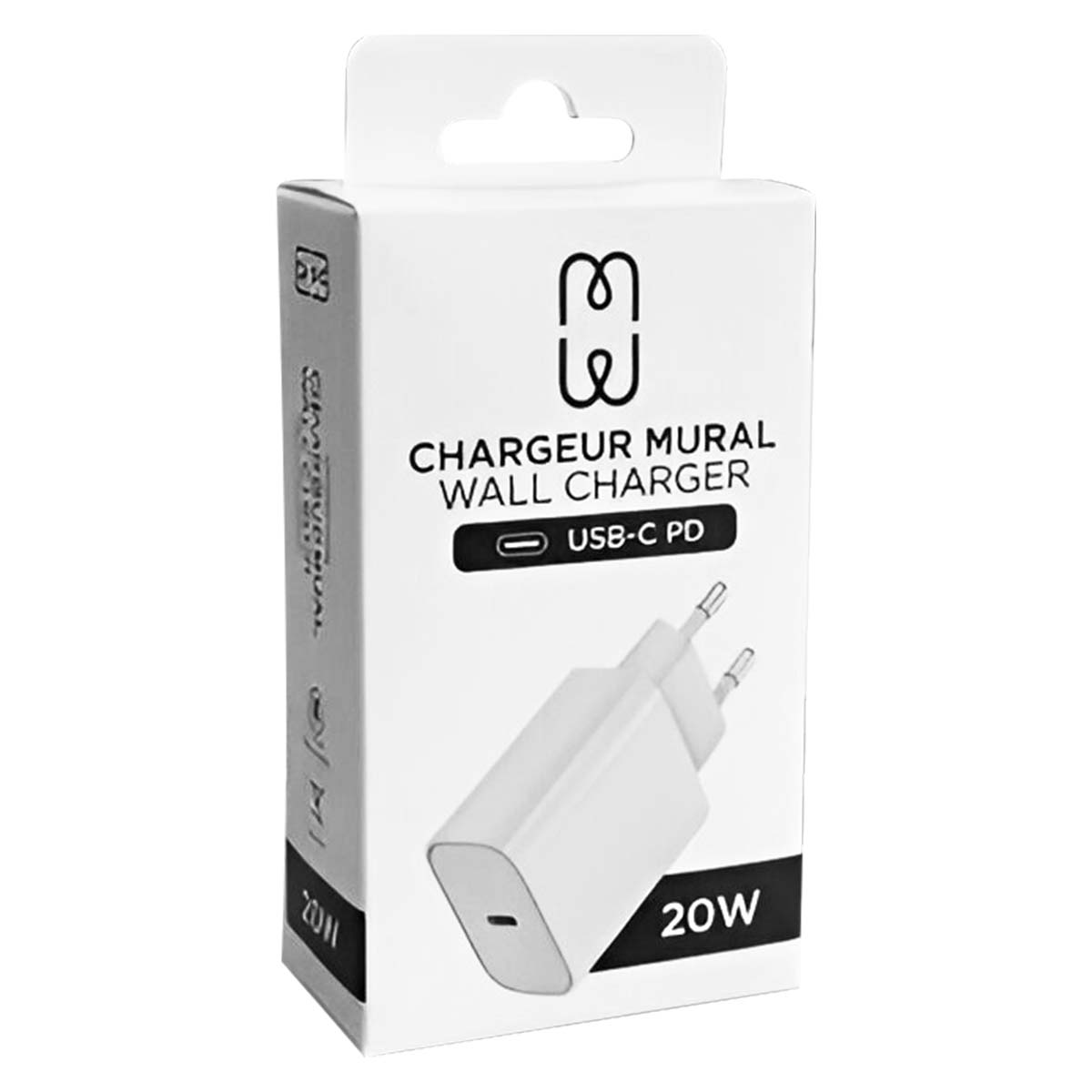 Confezione caricatore da muro bianco con logo USB-C PD e indicatore 20W.