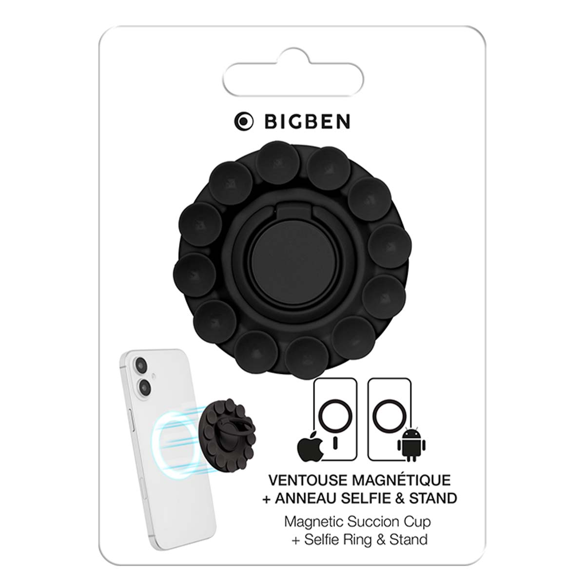 BIGBEN magnetische Saugkappe mit Selfie-Ring und Ständer, mit Handy gezeigt.