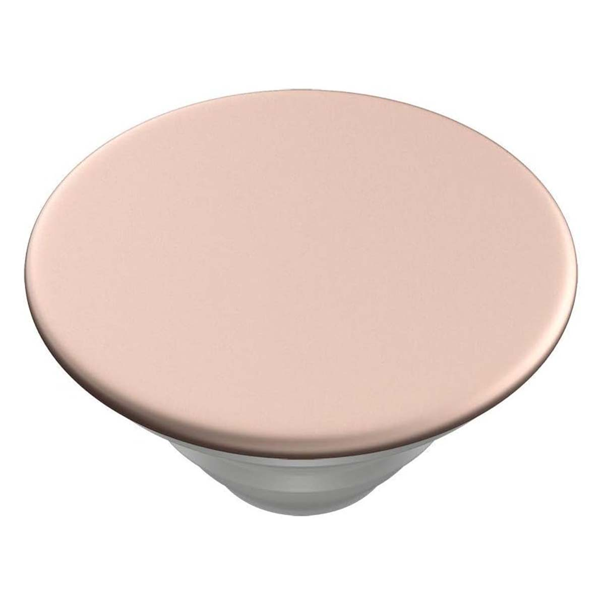 Un agarre de teléfono rosa dorado con base blanca de acordeón sobre fondo blanco.