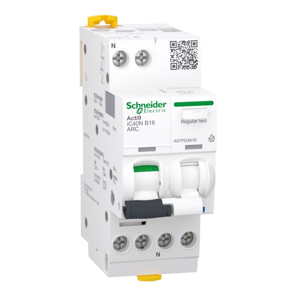 Interruttore automatico Schneider Electric Acti9 iC40N B16 ARC bianco con interruttore ON/OFF verde.