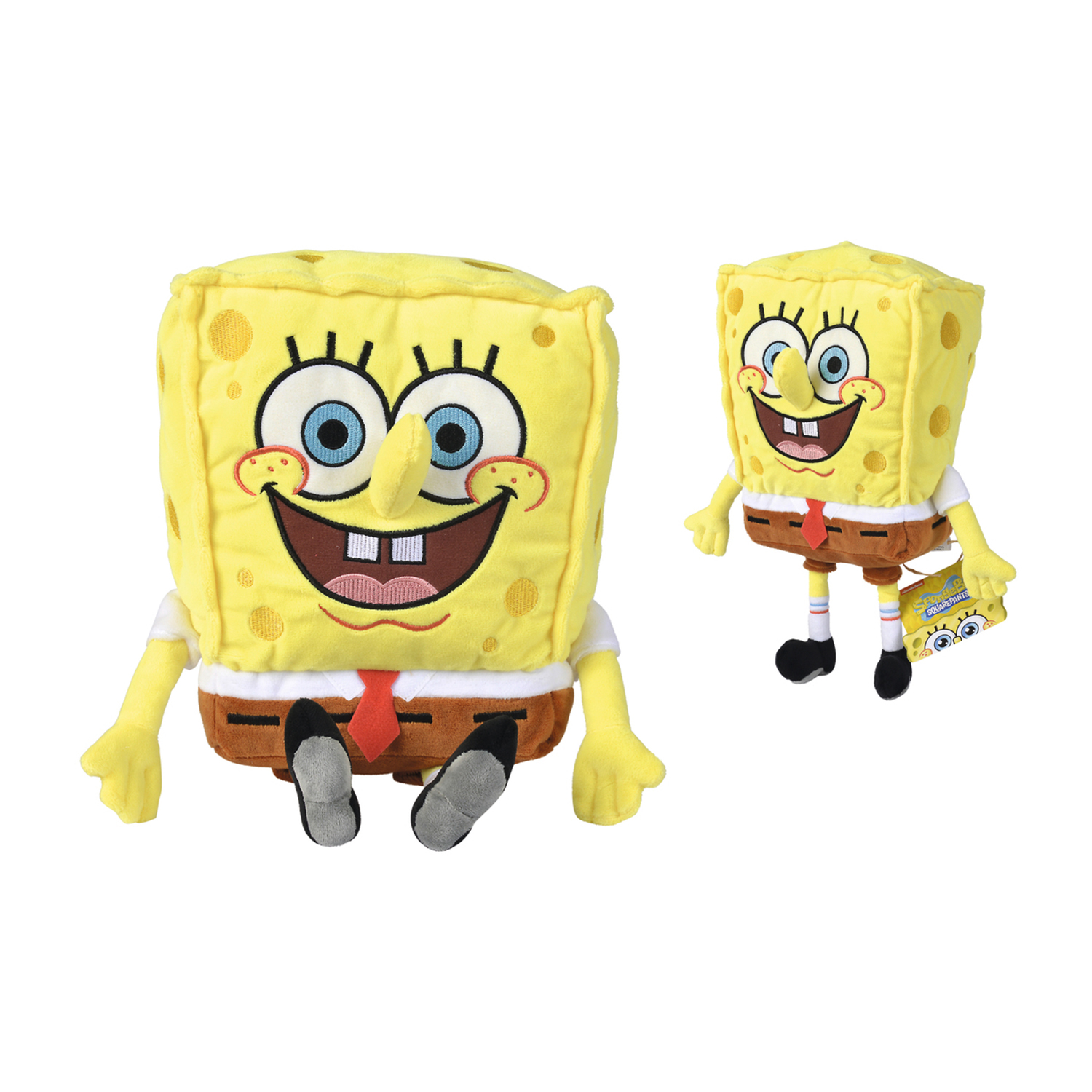 Zwei Spongebob Schwammkopf Plüschtiere auf weißem Hintergrund. Einer ist größer und sitzt, der andere ist kleiner und steht.