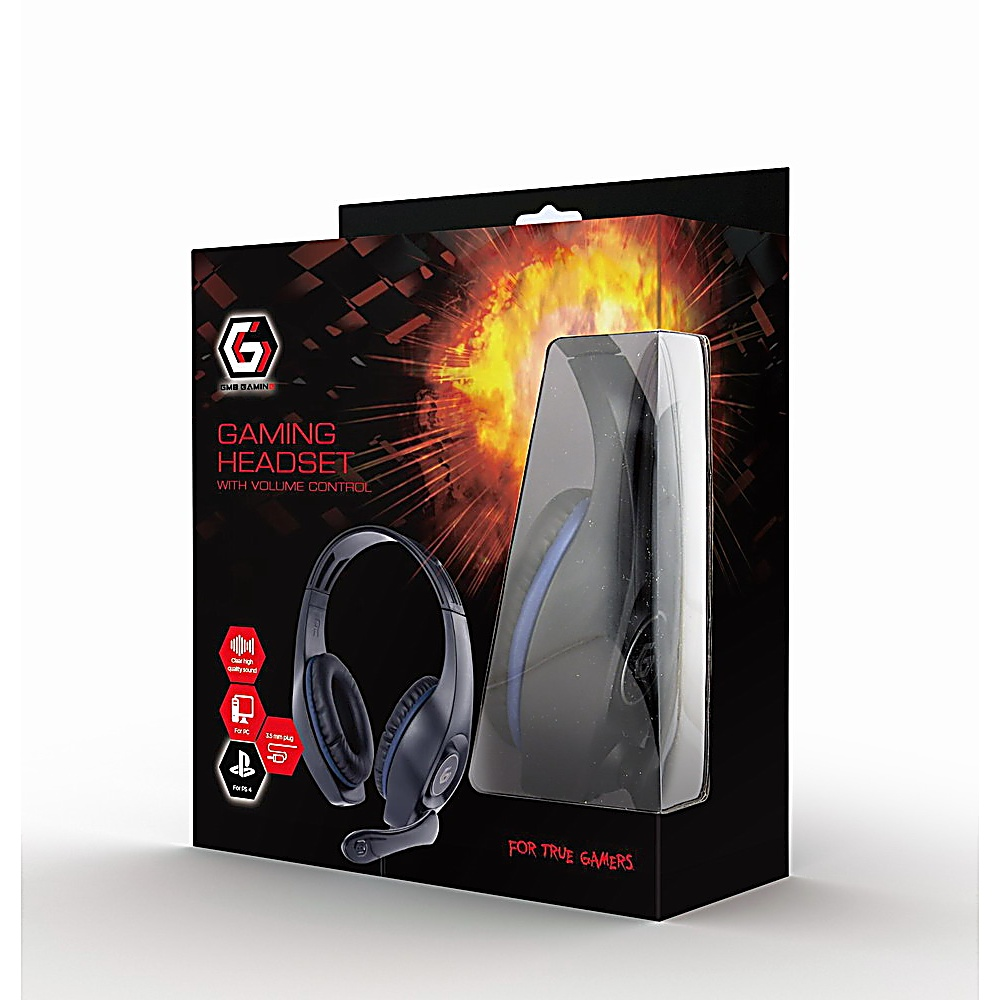 Gaming-Headset in Box mit klarer Plastikfolie, die das Headset zeigt. Explosiver Hintergrund.