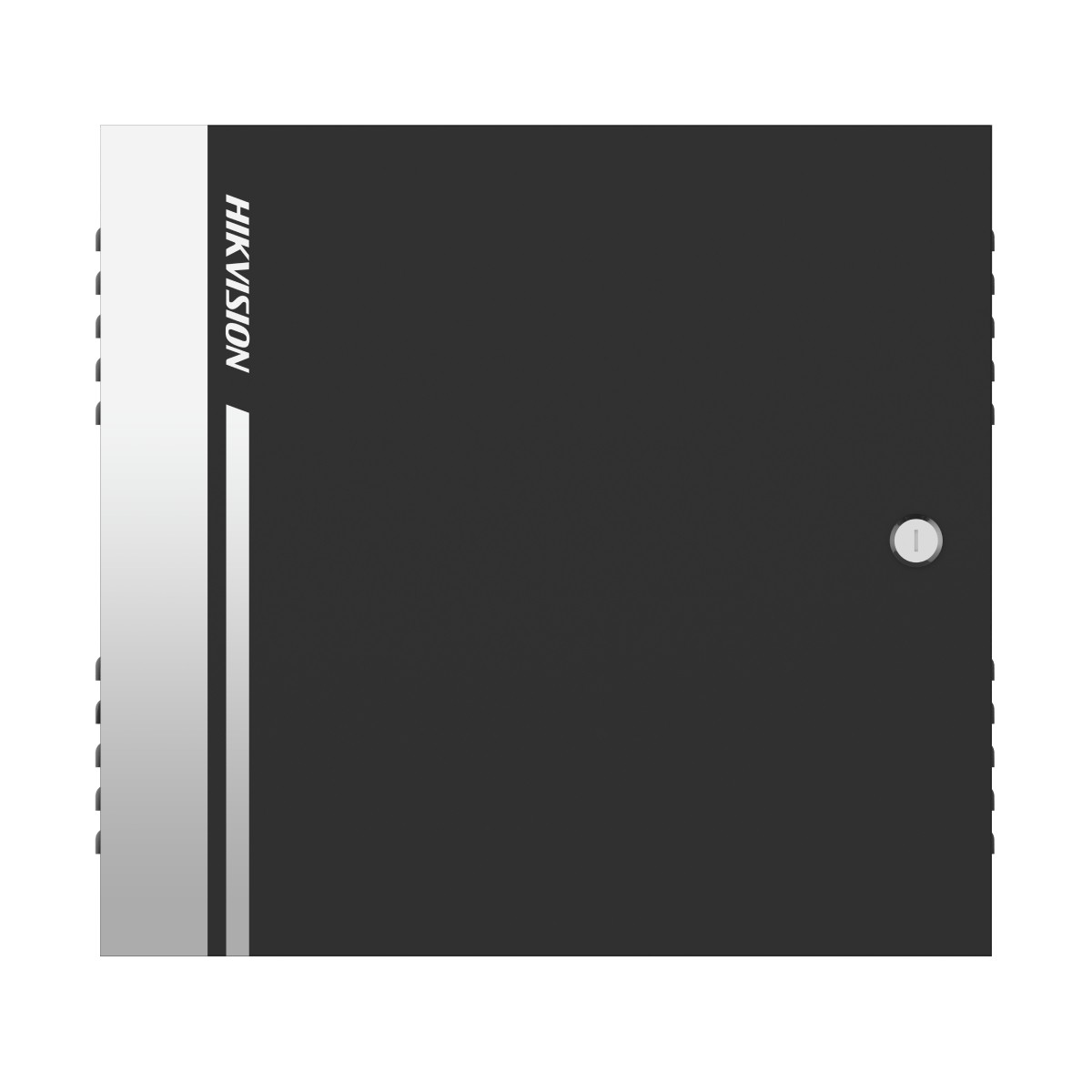 Un dispositivo Hikvision gris oscuro con una franja vertical plateada a la izquierda.