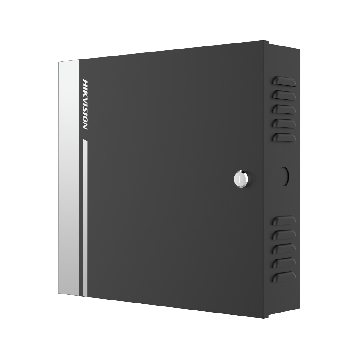 Un recinto de seguridad Hikvision gris oscuro con cerradura plateada. Rejillas de ventilación en el lateral.