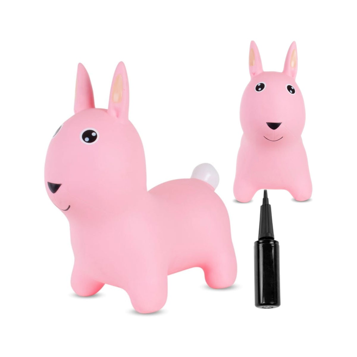 Due conigli gonfiabili rosa e una pompa nera su sfondo bianco.