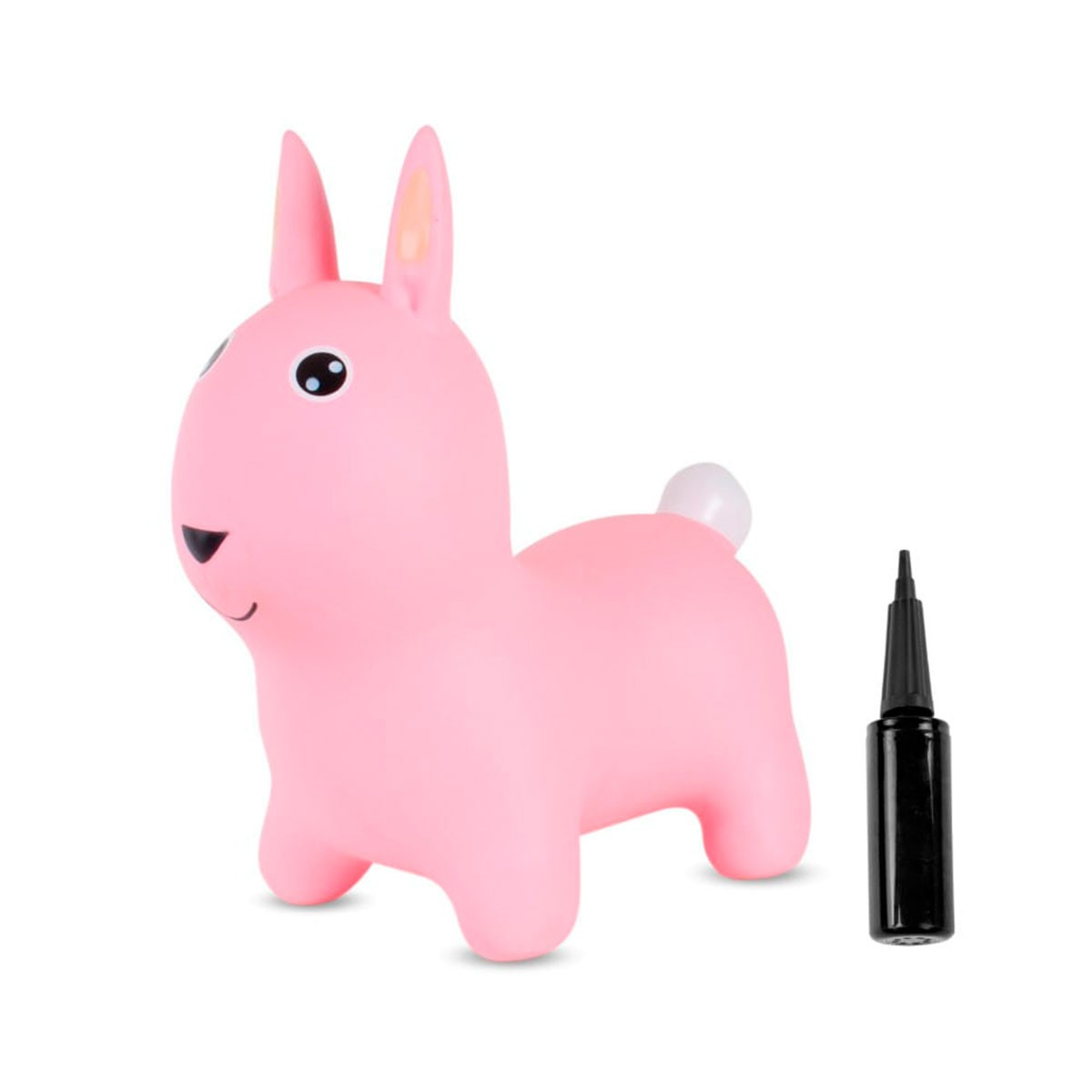 Un coniglietto gonfiabile rosa e una pompa a mano nera su sfondo bianco.