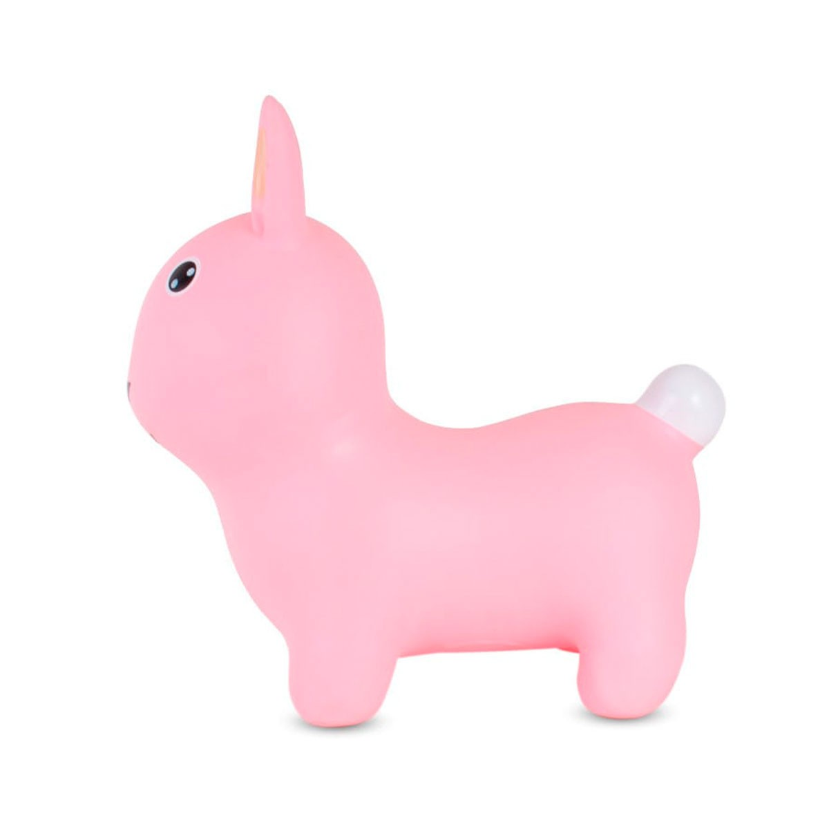 Un coniglietto gonfiabile rosa con coda bianca e occhi neri.
