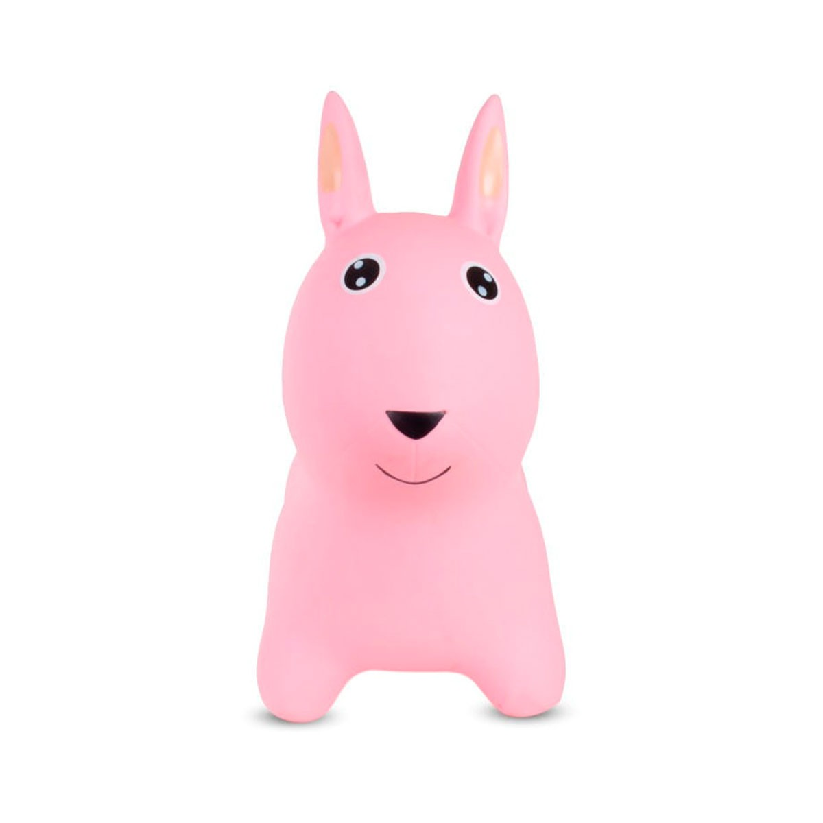Un coniglio gonfiabile rosa giocattolo con lunghe orecchie e una faccia amichevole.