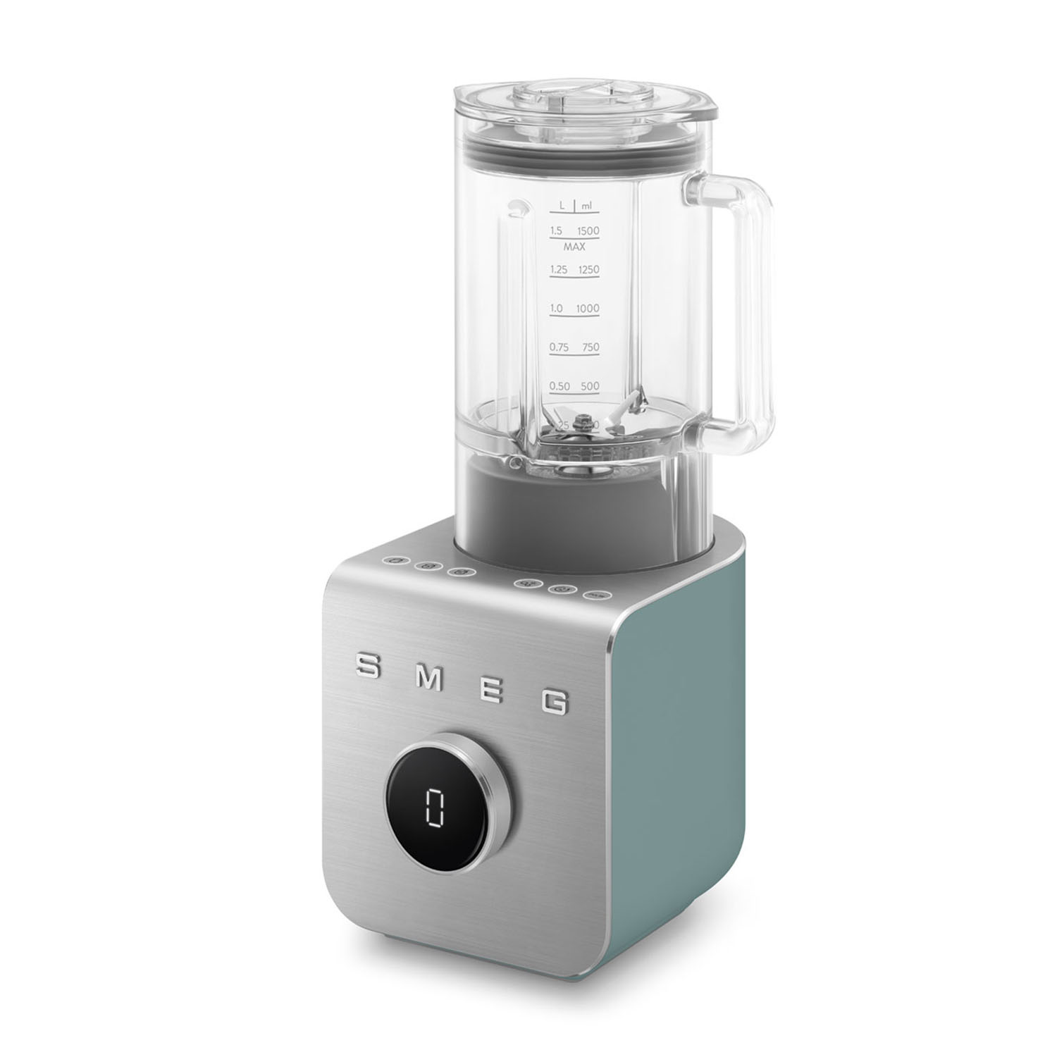 Un frullatore Smeg blu con caraffa in vetro e base argentata con display digitale.