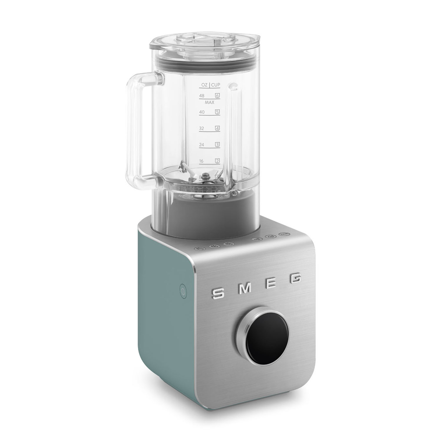 Un frullatore SMEG verde acqua e argento con caraffa trasparente e quadrante nero.