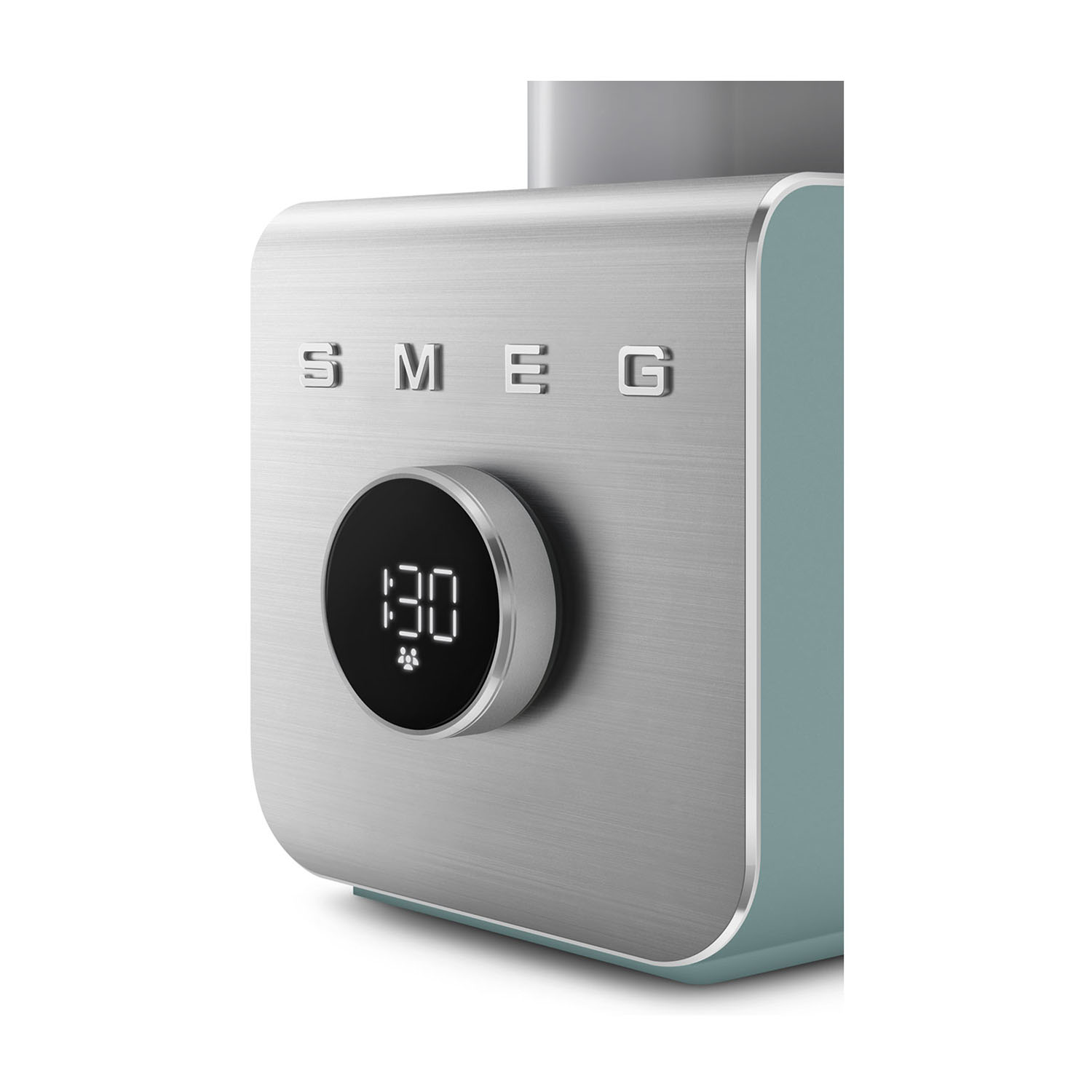 Tostapane SMEG argentato con corpo color ottanio e display digitale 1:30.