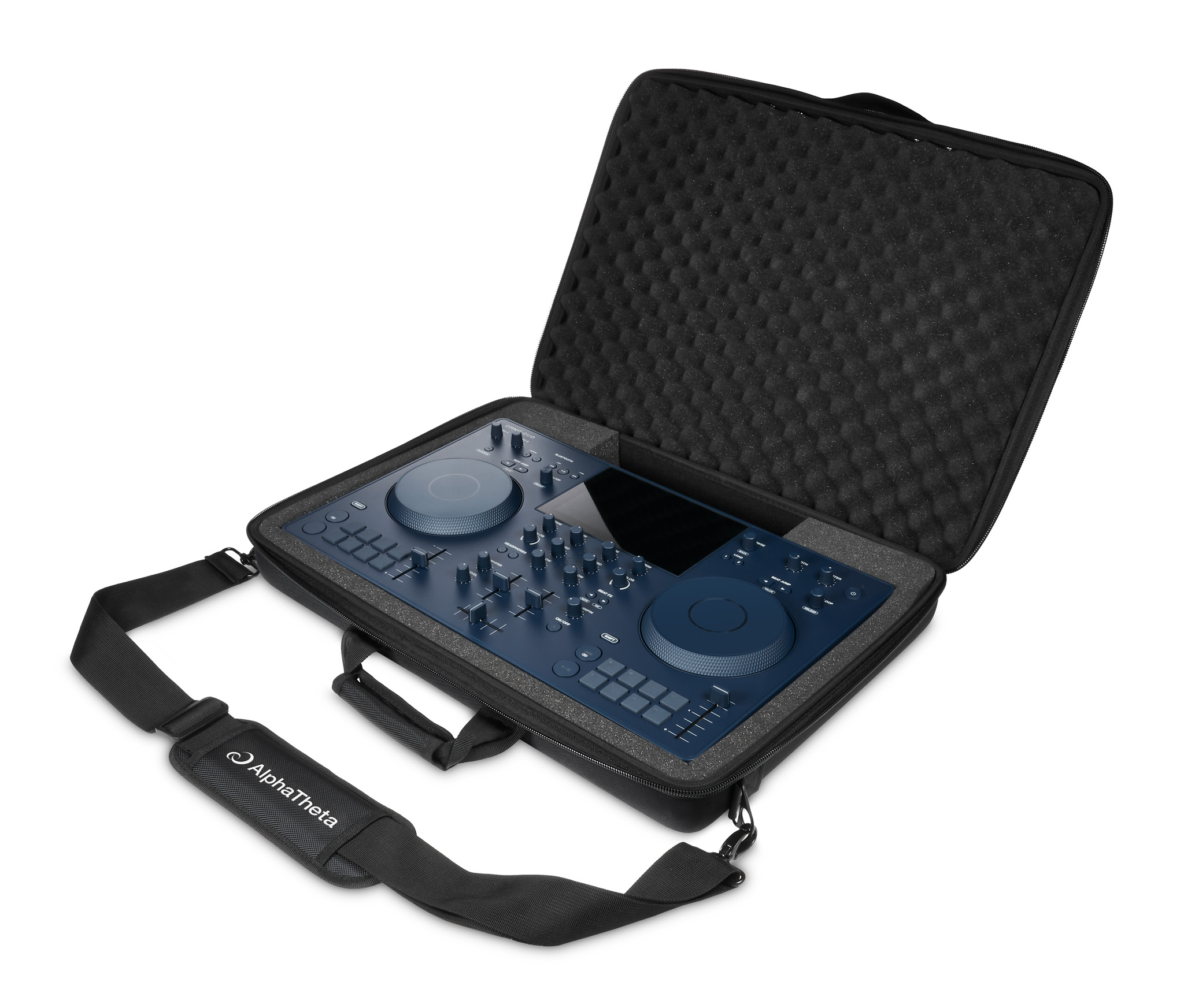 Un controller DJ blu all'interno di una custodia nera imbottita in schiuma con tracolla.