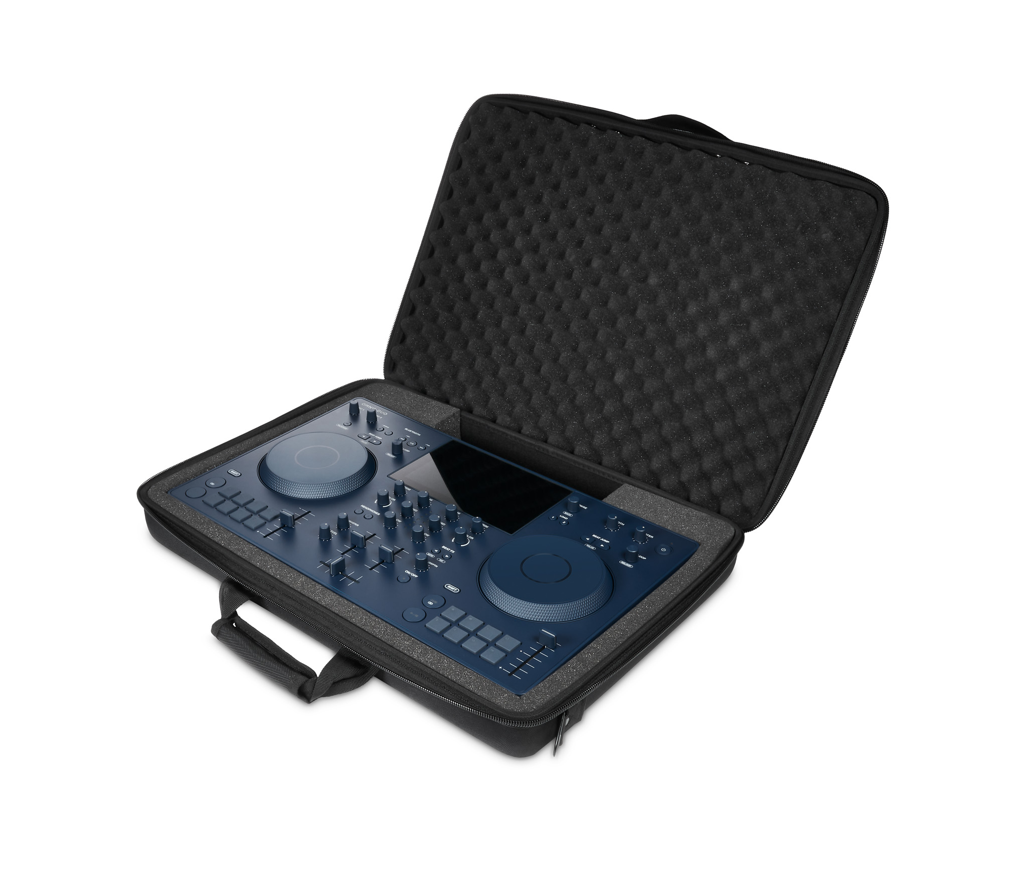 Un controller DJ blu è in una custodia protettiva nera con rivestimento in schiuma. La custodia è aperta.