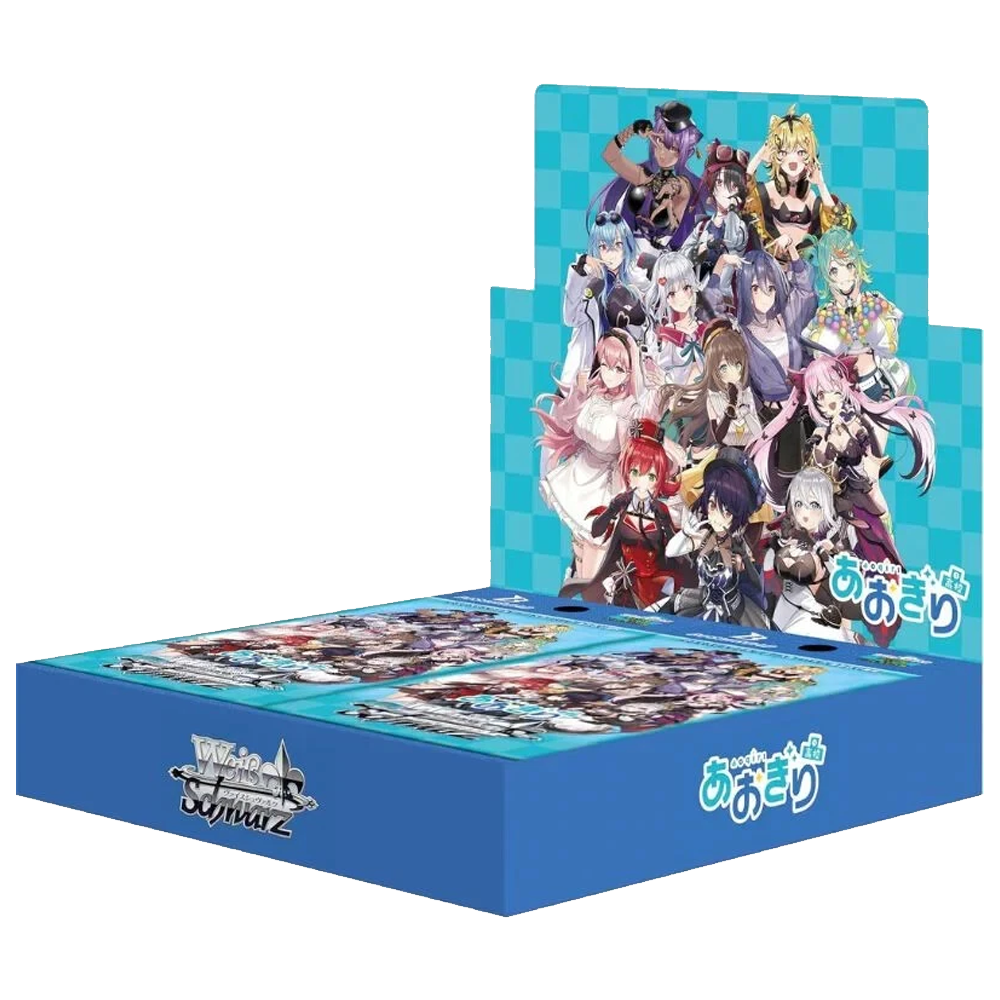 Eine blaue Display-Box mit Anime-Charakteren. Ein karierter blauer Hintergrund zeigt viele Anime-Charaktere.