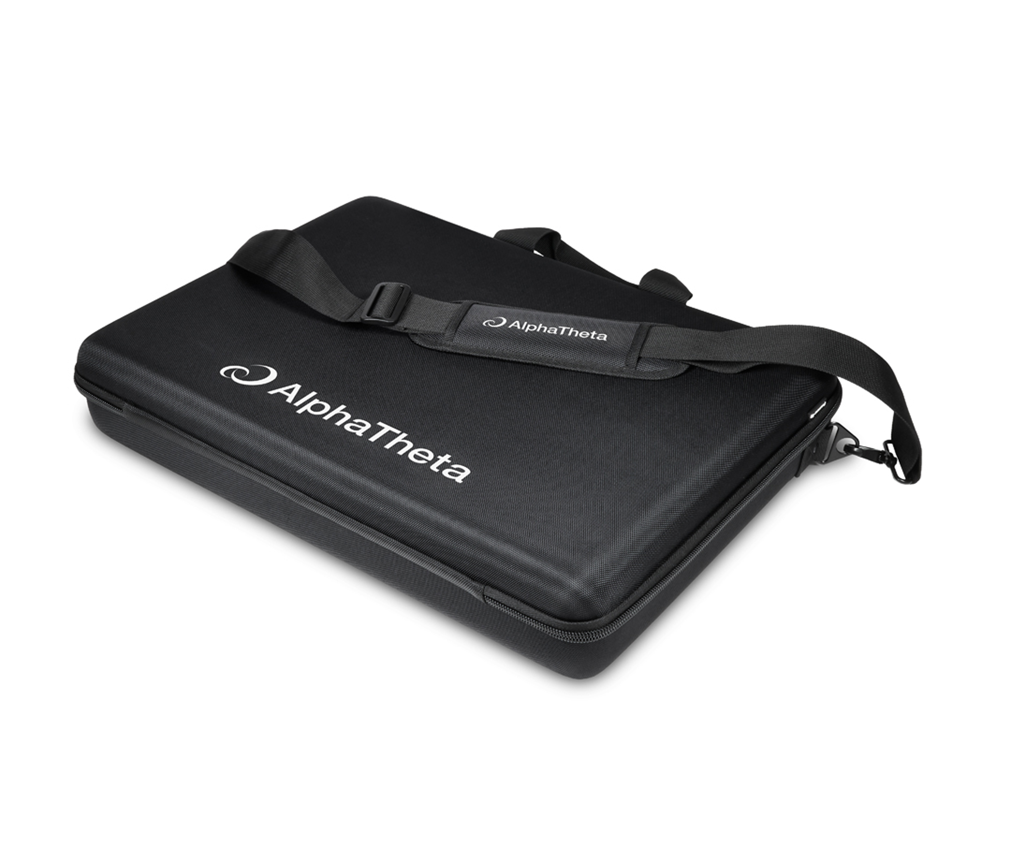 Custodia nera per laptop con tracolla e logo.