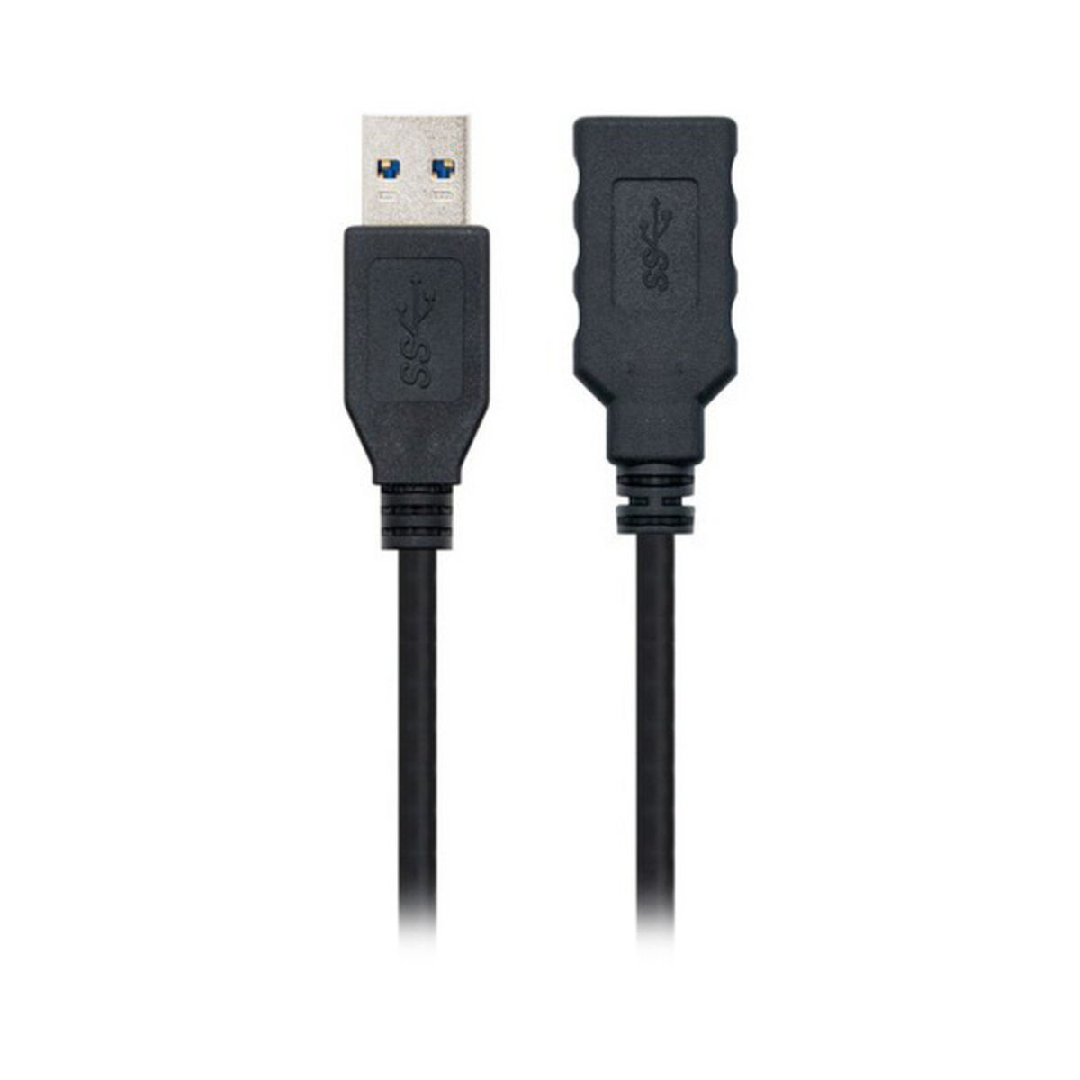 Un cavo di prolunga USB 3.0 nero con connettore maschio e femmina, mostrato su sfondo bianco.