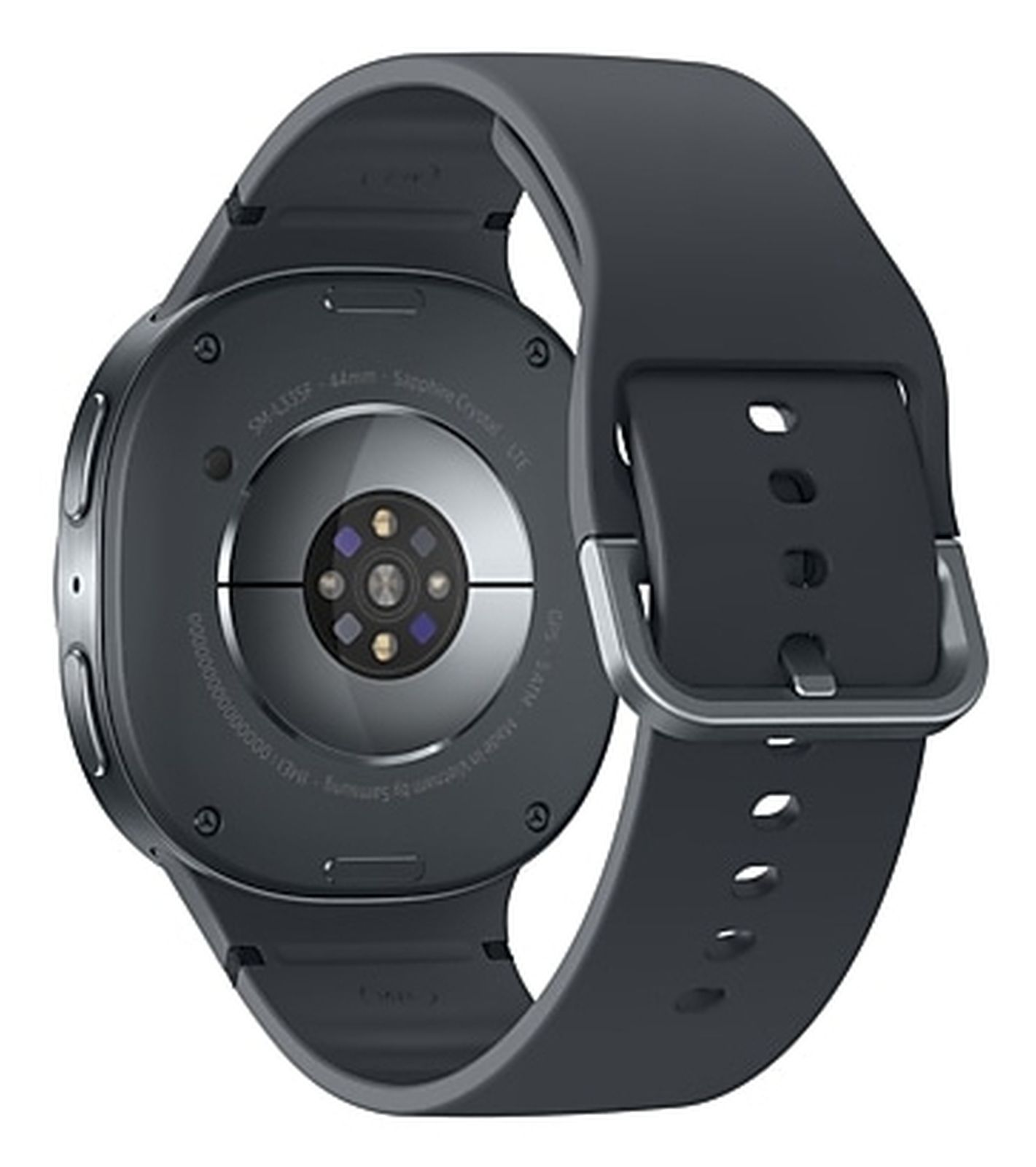 Rückansicht einer dunkelgrauen Smartwatch mit schwarzem Band, Sensoren und Text.