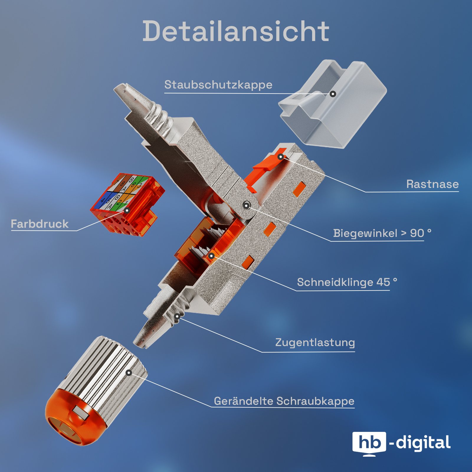 Explosionsansicht eines RJ45-Steckers mit farbkodierten Drähten, Gehäuse und Zugentlastung.