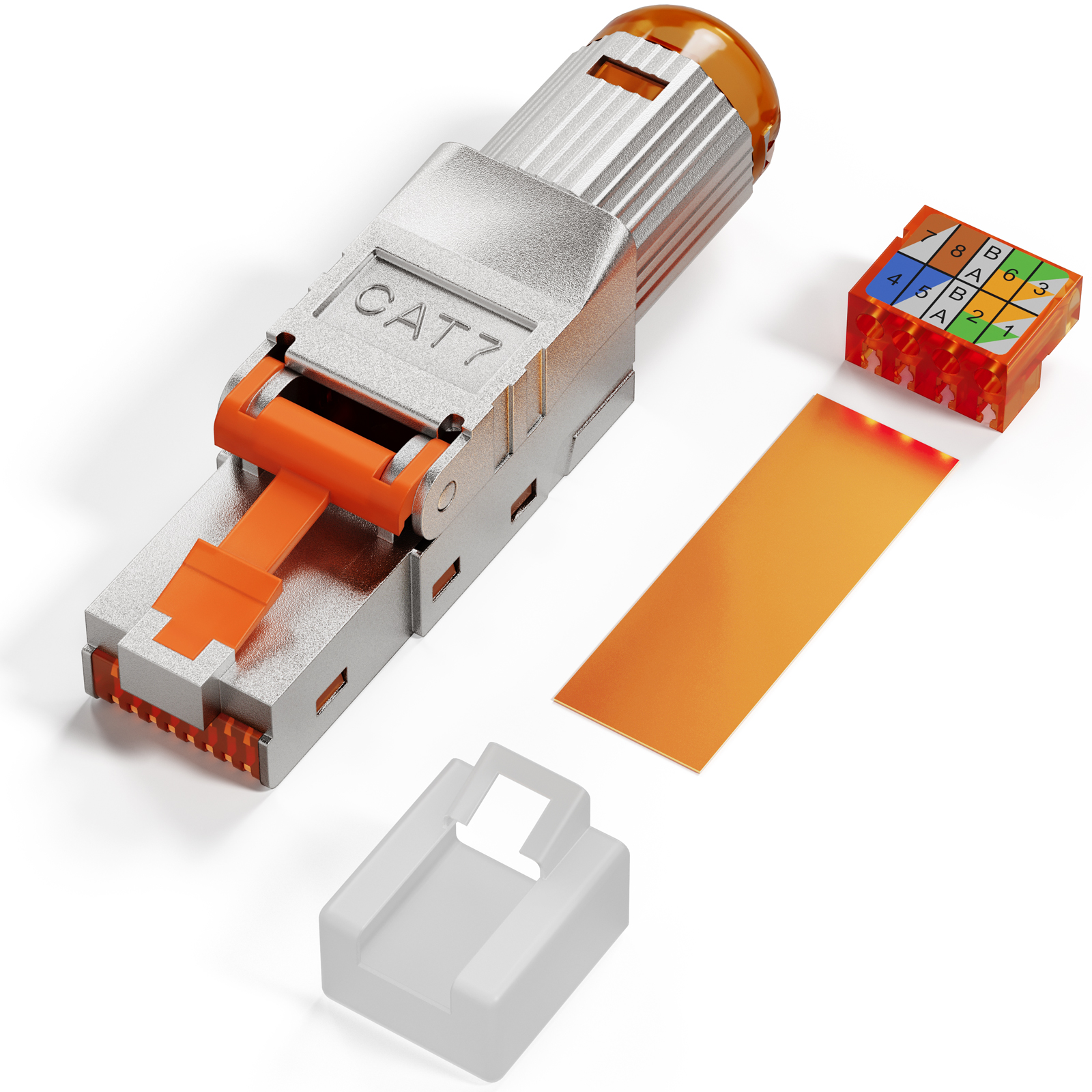 Ein CAT7-Steckverbinder mit orangefarbenen Akzenten, einem Kabelabschluss und einer Schutzkappe.