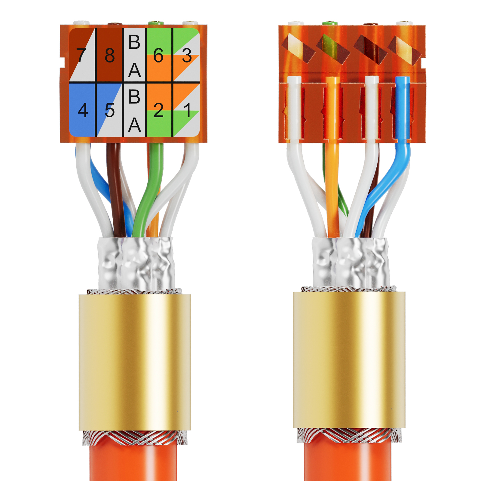 Netzwerkkabel mit Farbcode-Diagramm und abisolierten Drähten.