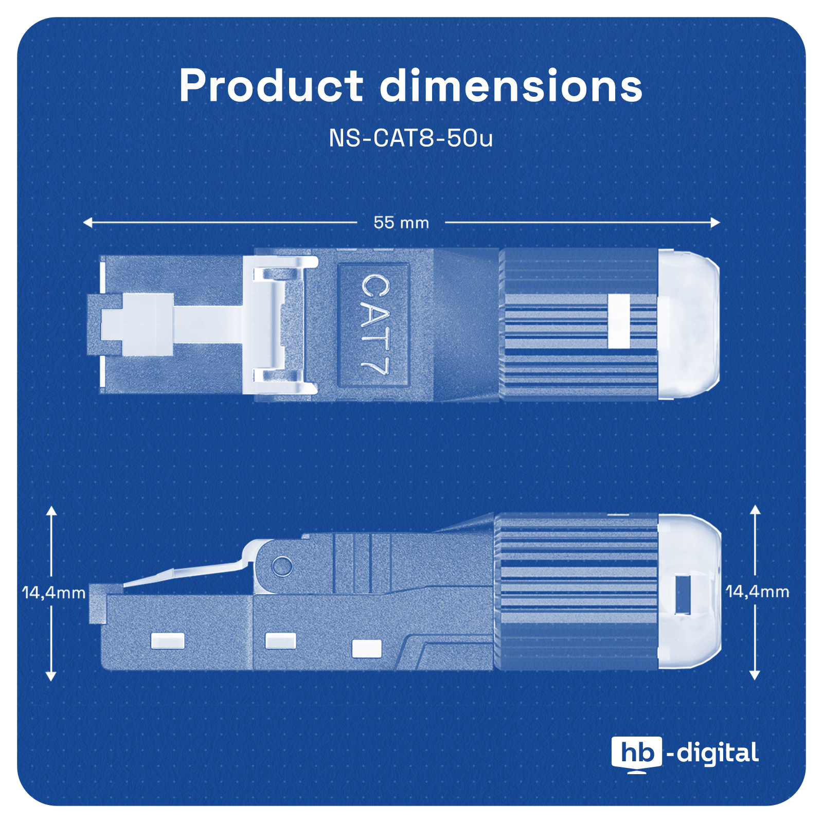 Produktmaße: CAT7-Stecker, 55 mm lang, 14,4 mm breit.