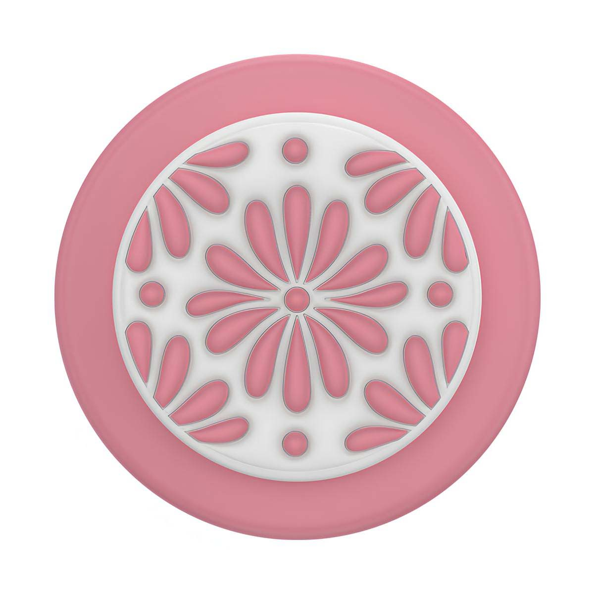 Un círculo rosa con un patrón blanco de pétalos y puntos.
