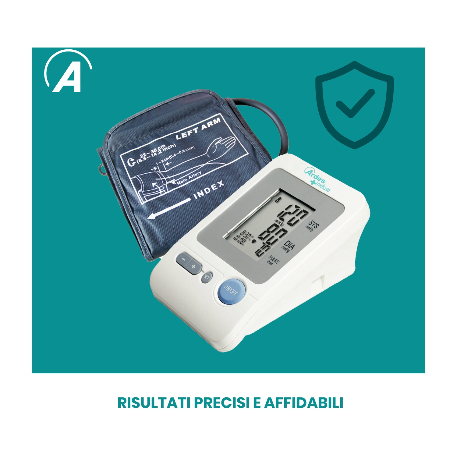 Digitales Blutdruckmessgerät mit Manschette, zeigt 120/80 mmHg und Puls an.