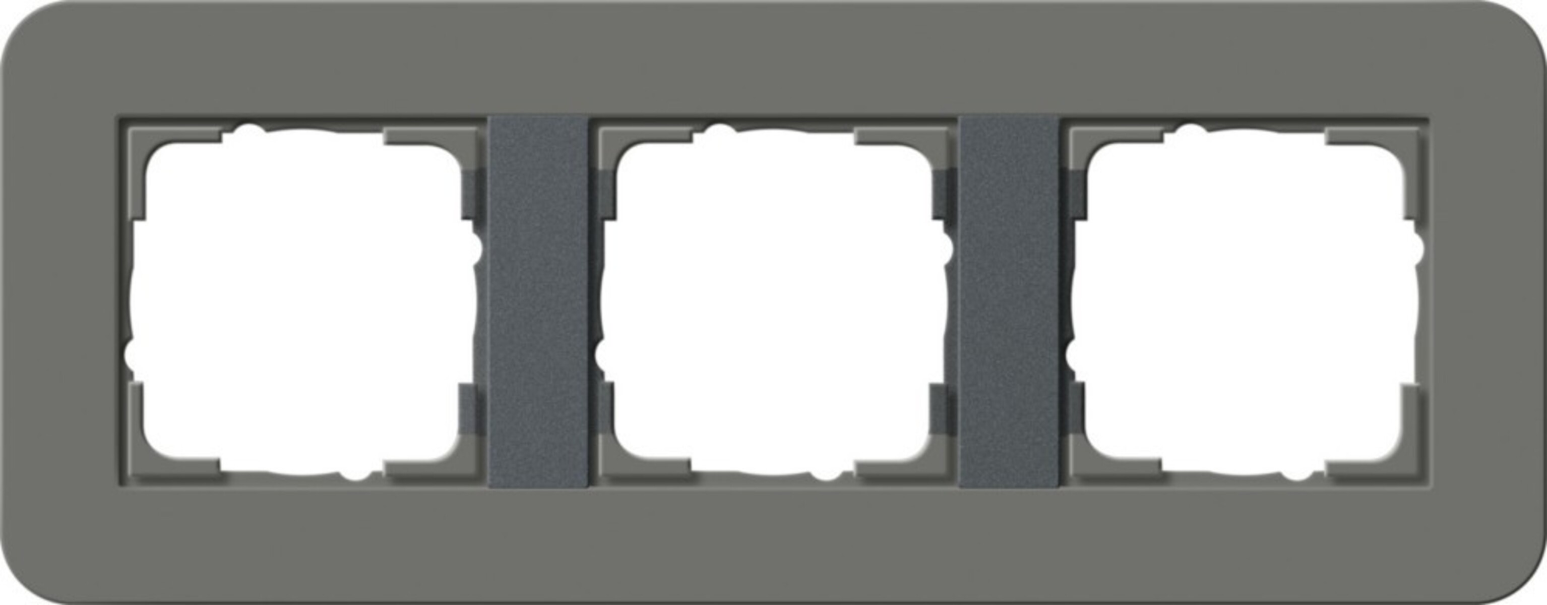 Una cornice grigia per tre interruttori con spazi interni bianchi.
